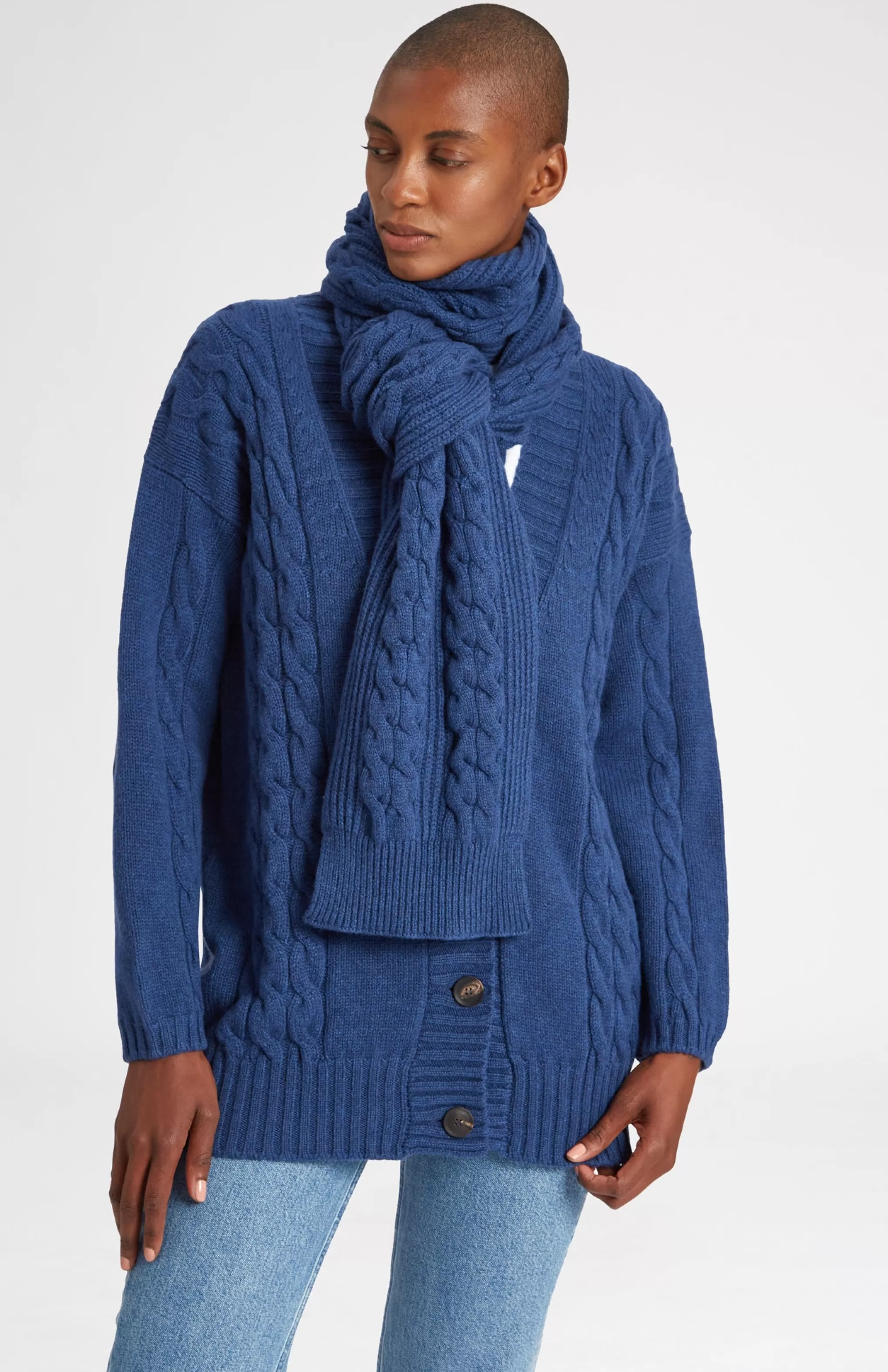 New All Over Rib And Cable Detail Scarf In Storm Blue Men Made in Scotland