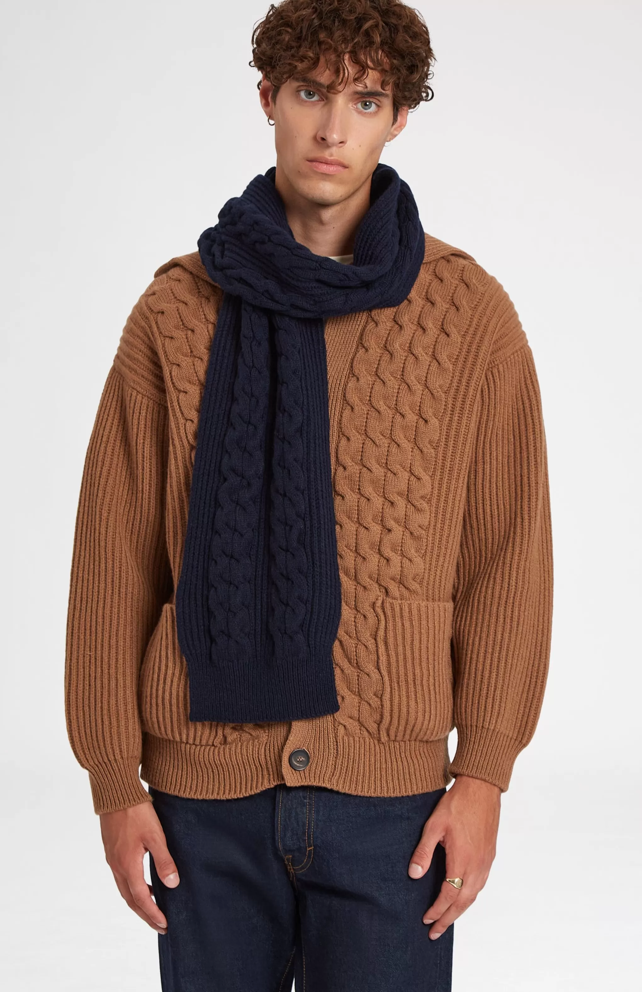 Outlet All Over Rib And Cable Scarf Detail In Navy Men Scarves