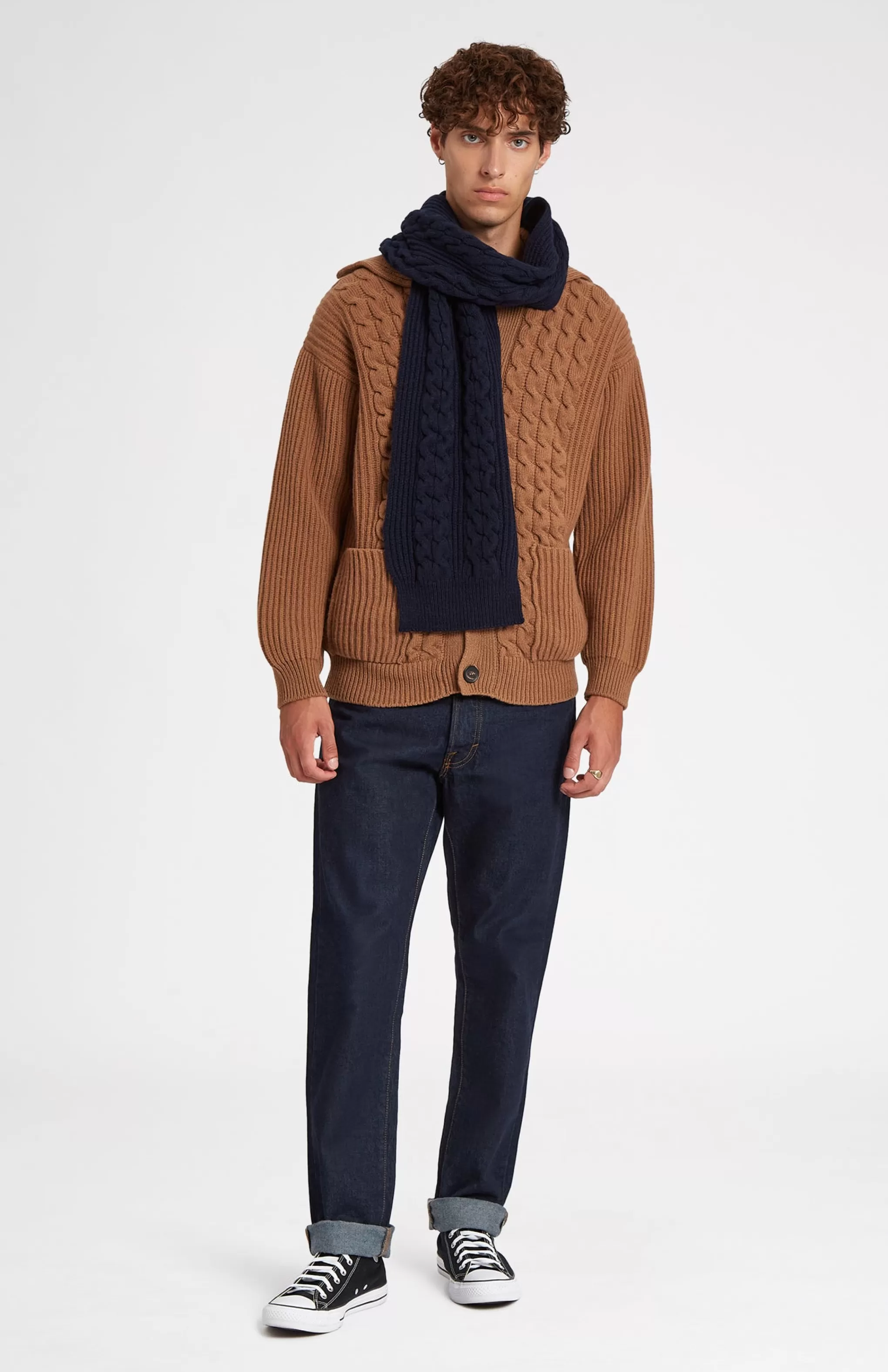 Hot All Over Rib And Cable Scarf Detail In Navy Men Made in Scotland
