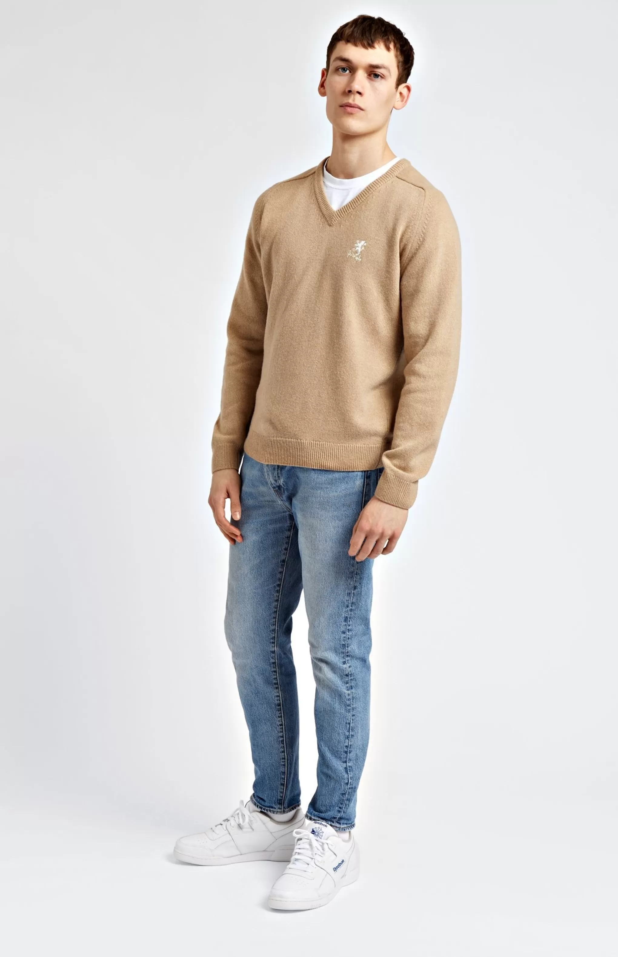 Fashion Archive Men's V Neck Lambswool Blend Jumper In Camel Men V Neck Knits