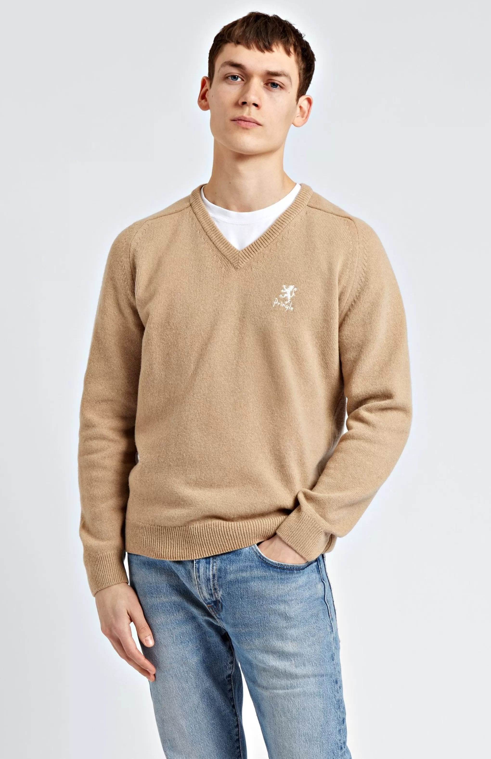 Fashion Archive Men's V Neck Lambswool Blend Jumper In Camel Men V Neck Knits