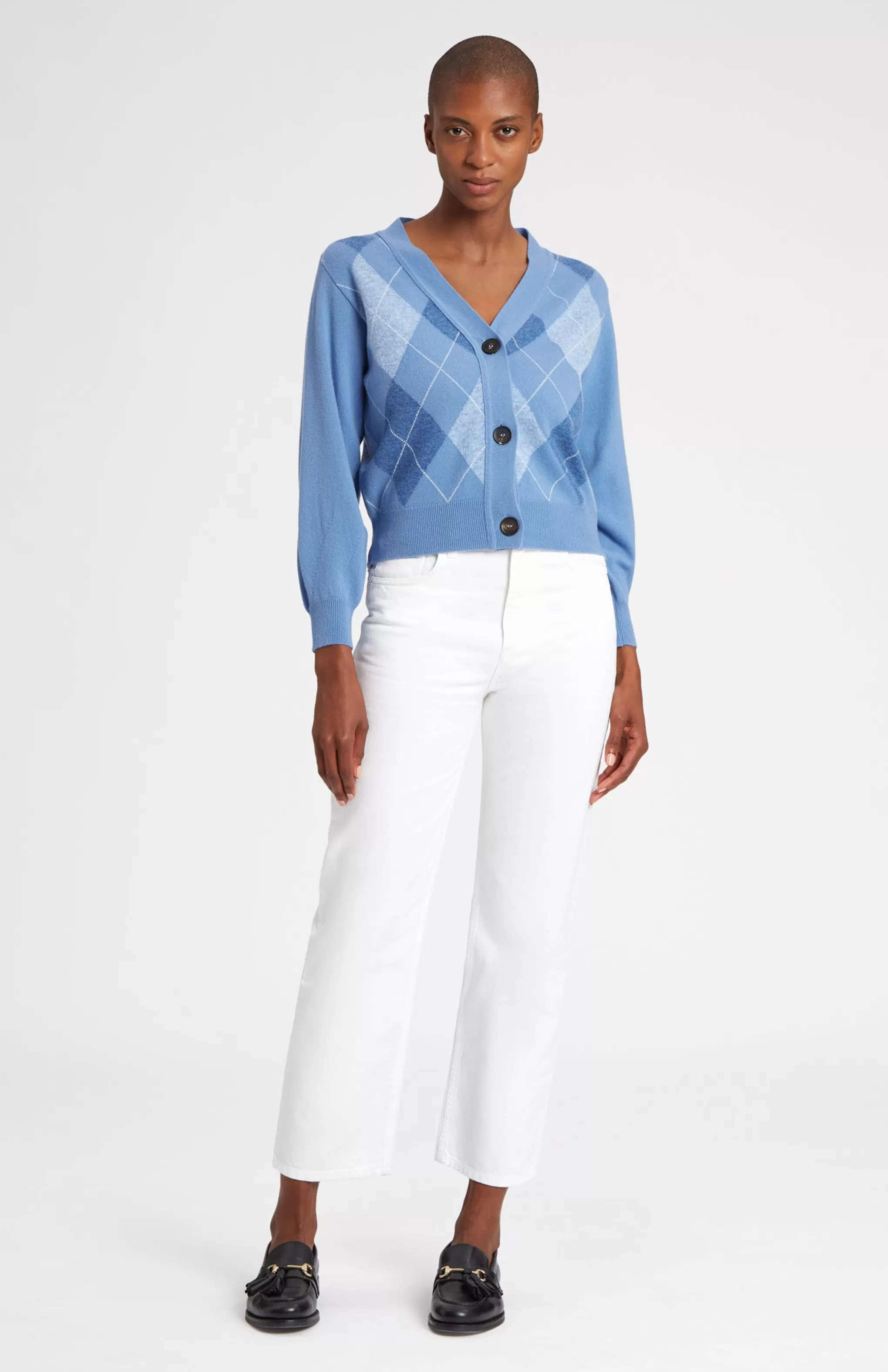Sale Argyle 3 Button Wool Cashmere Blend Cardigan In Bluestone And Sky Men/Women Loungewear