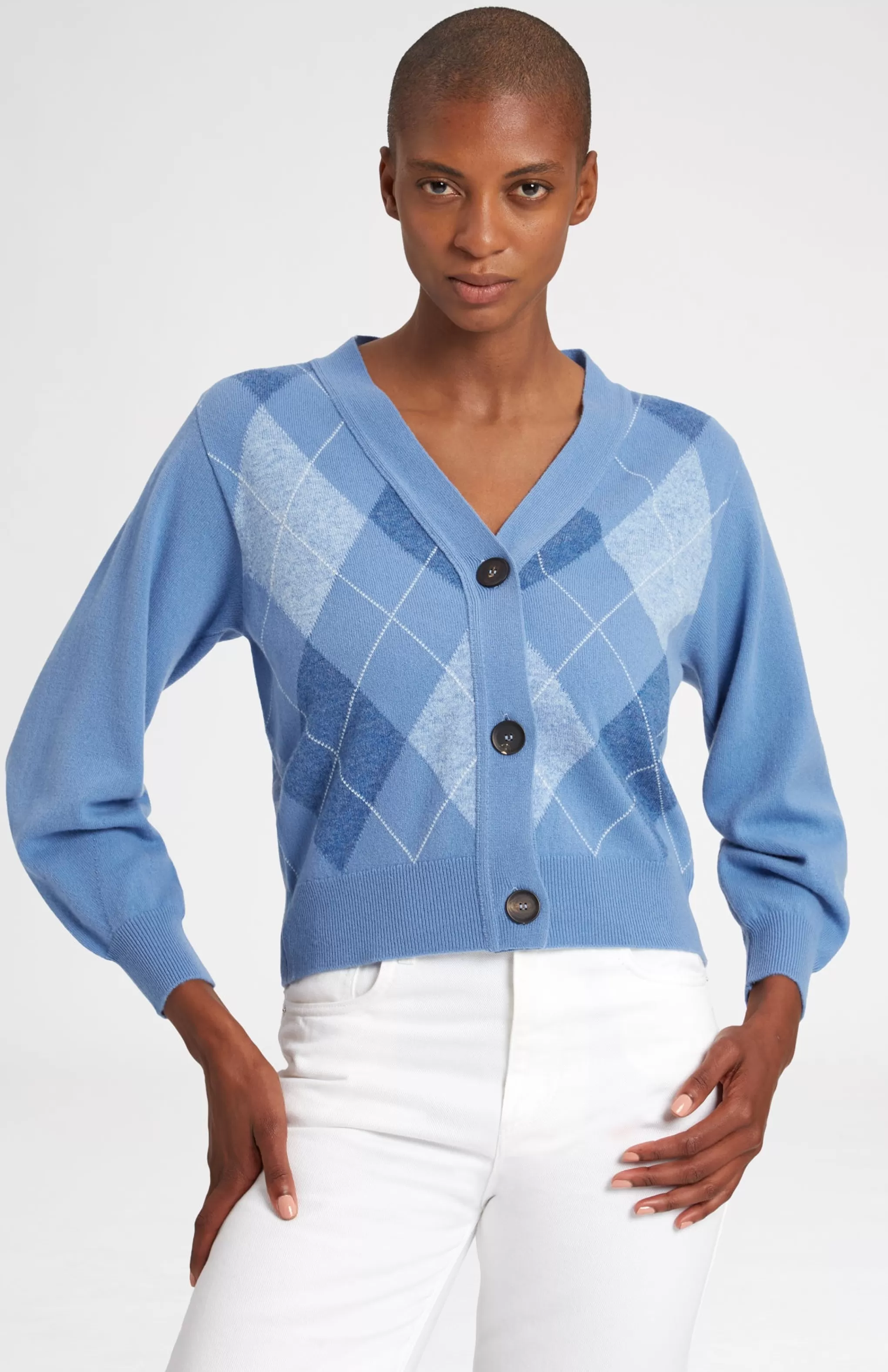 Online Argyle 3 Button Wool Cashmere Blend Cardigan In Bluestone And Sky Men/Women Argyle