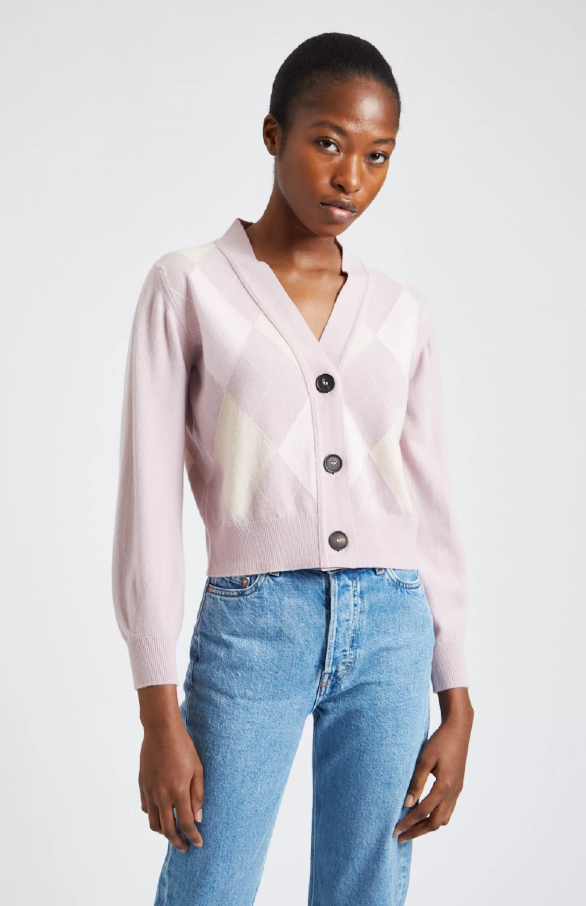Best Sale Argyle 3 Button Wool Cashmere Blend Cardigan In Petal Pink And Rose Men/Women Medium Weight Knits