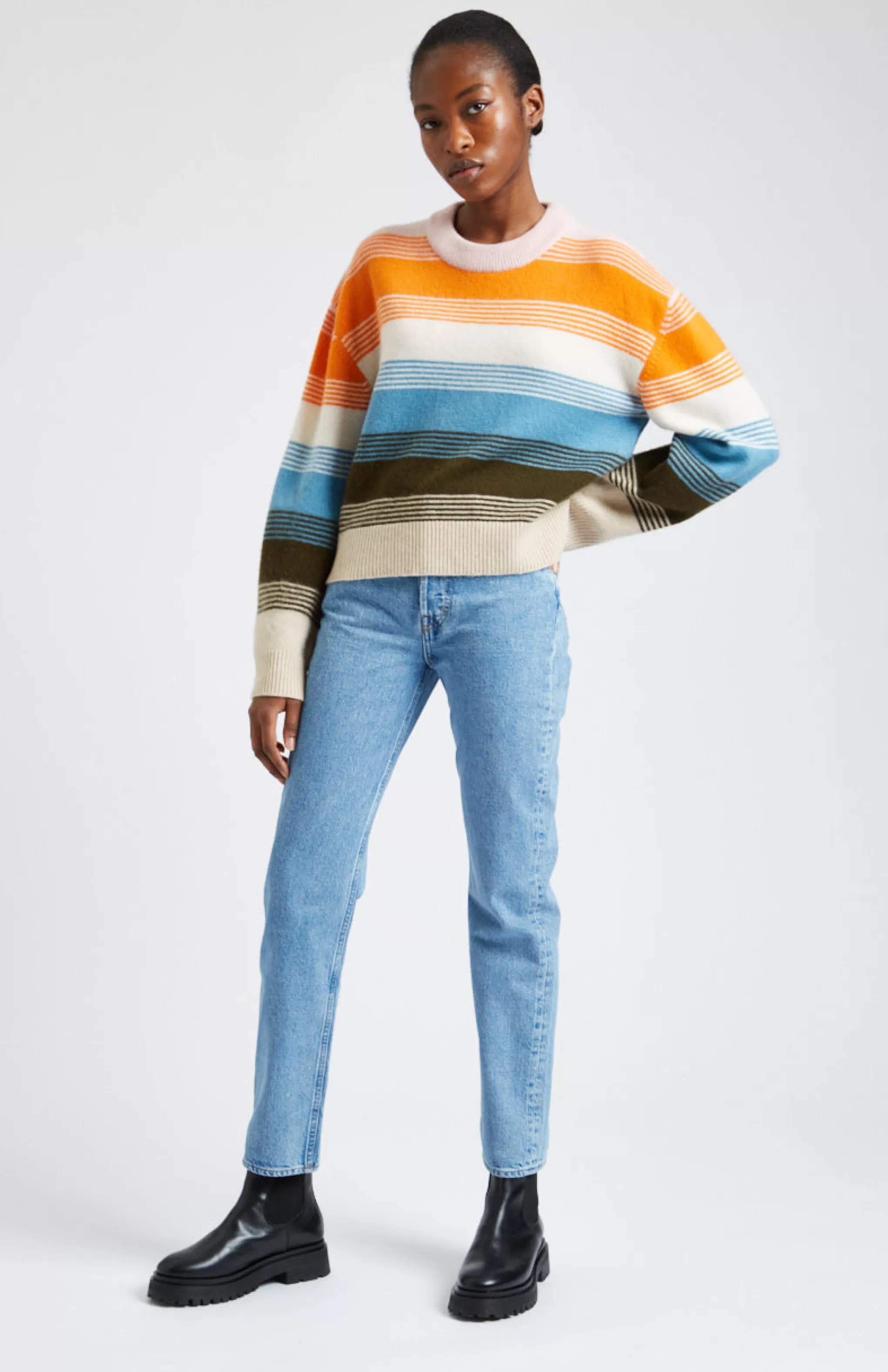 Shop Brushed Lambswool Jumper With Allover Stripe In Powder Pink Men/Women Medium Weight Knits