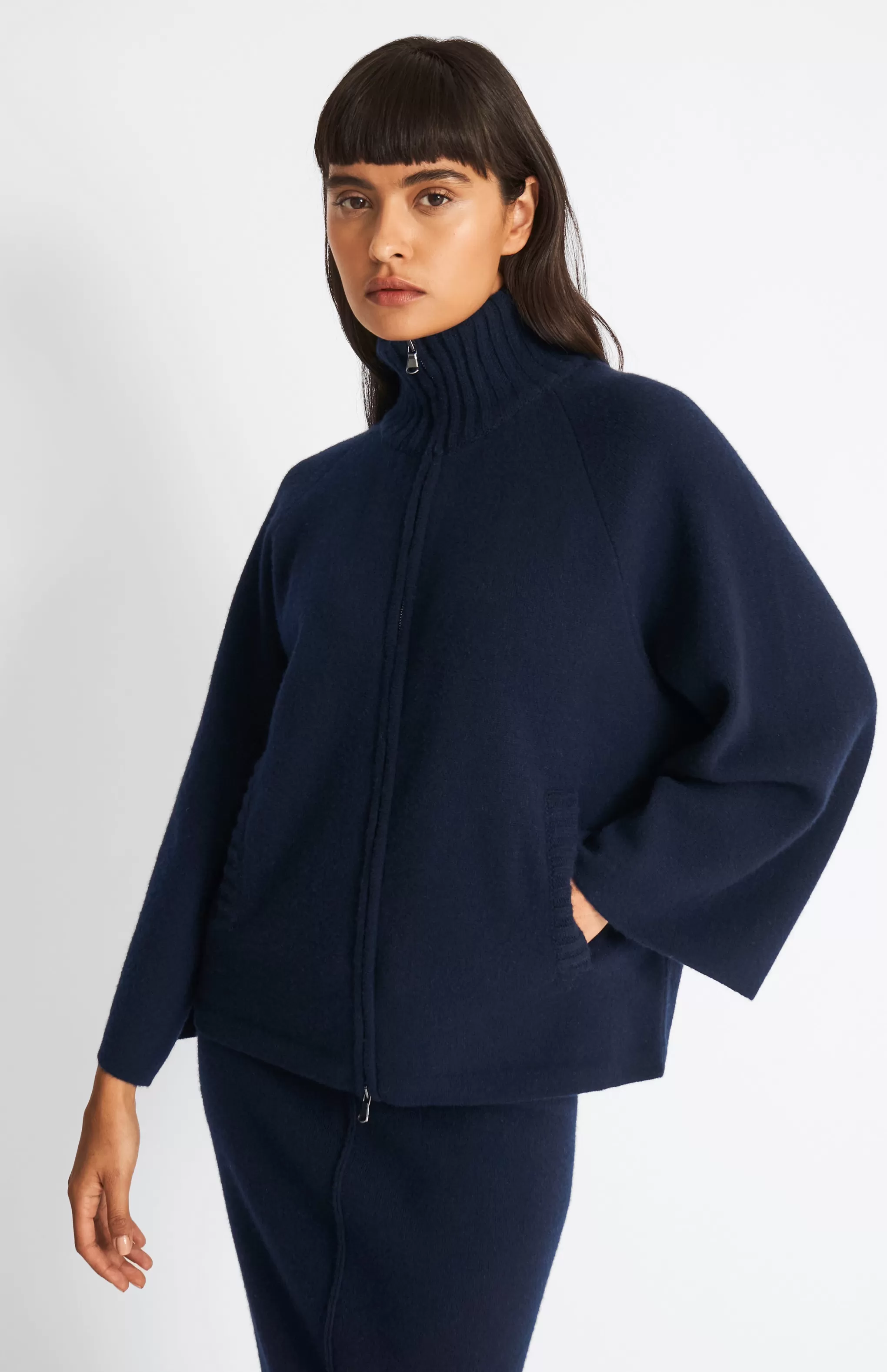 Clearance Cashmere Blend High Neck Zip Thru Jacket In Indigo Men/Women Heavy Weight Knits