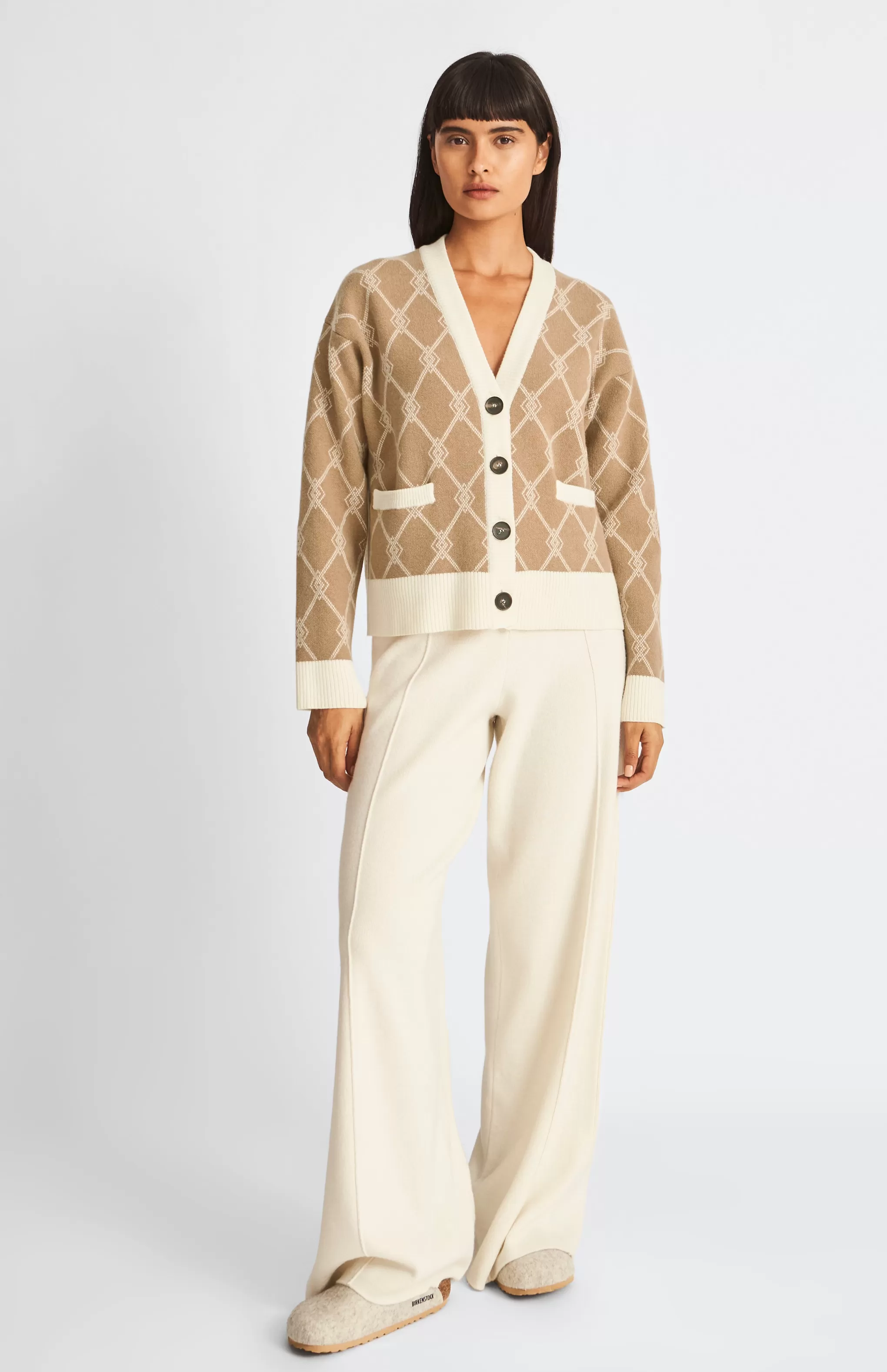Store Cashmere Blend Monogram Cardigan In Camel / Cream Men/Women Lambswool