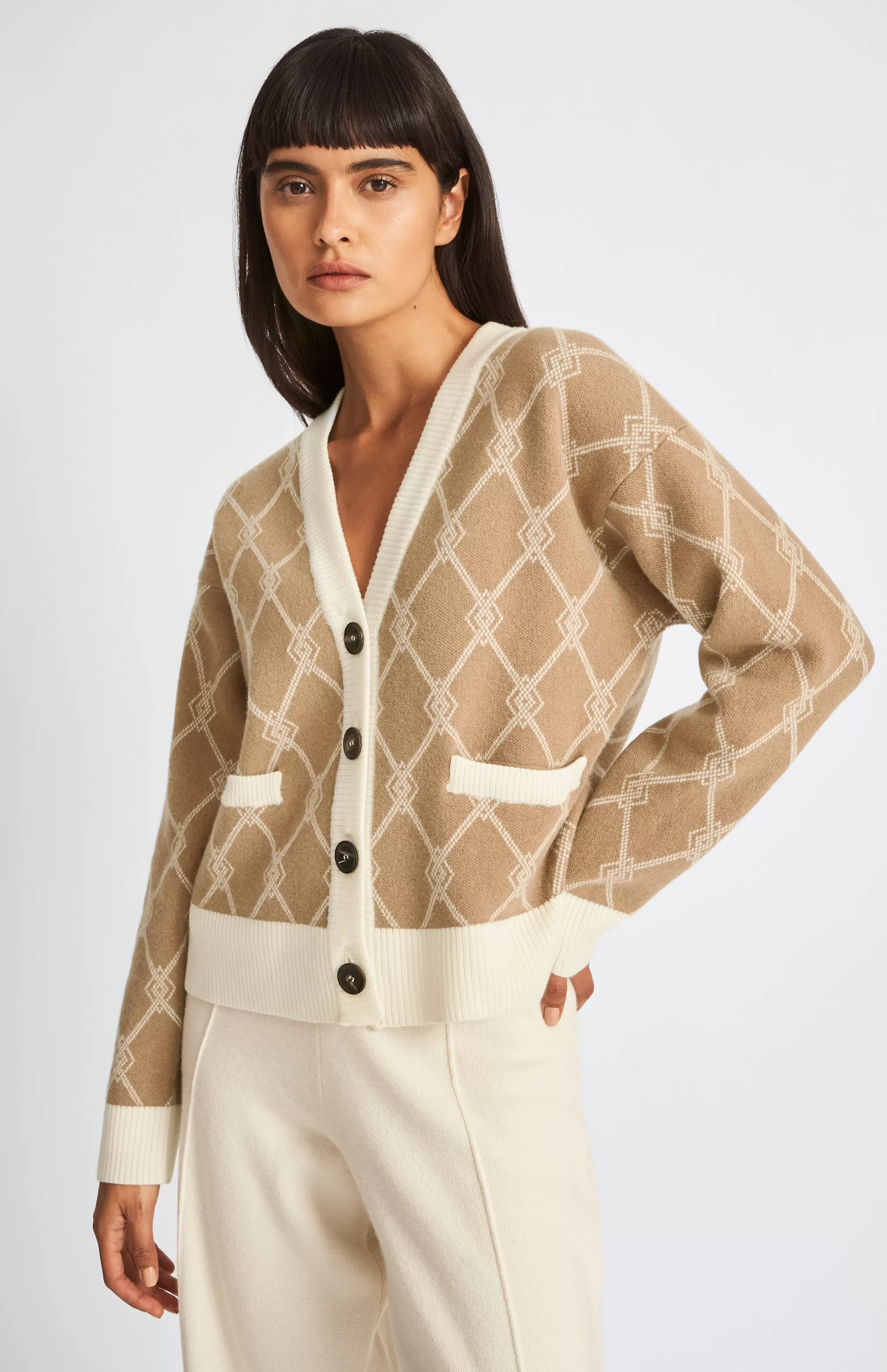 Outlet Cashmere Blend Monogram Cardigan In Camel / Cream Men/Women Cardigans