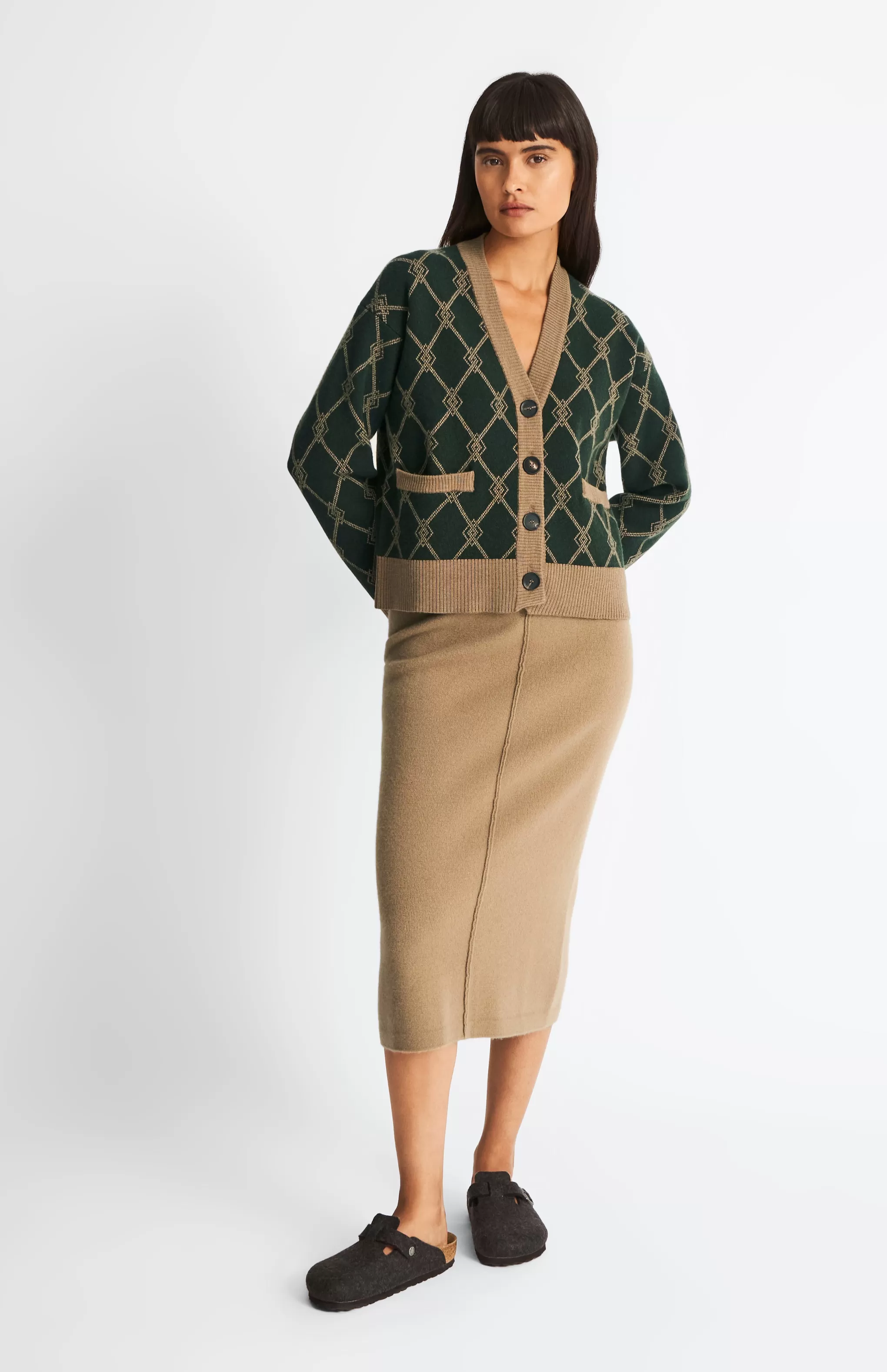 Best Cashmere Blend Monogram Cardigan In Moss Green / Camel Men/Women Argyle
