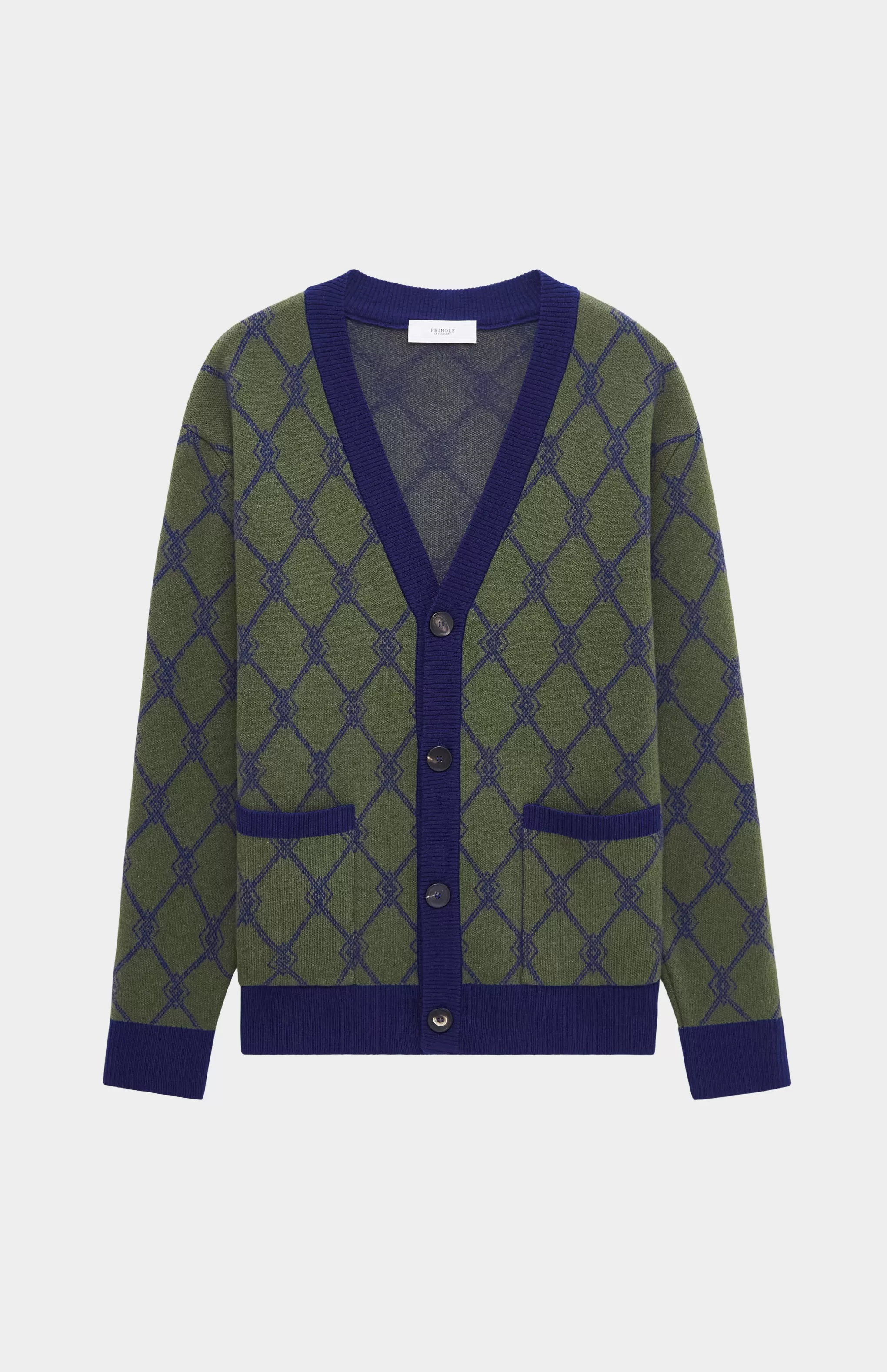 Cheap Cashmere Blend Monogram Jacquard Cardigan Jumper In Mineral Green / Royal Blue Men V Neck Knits