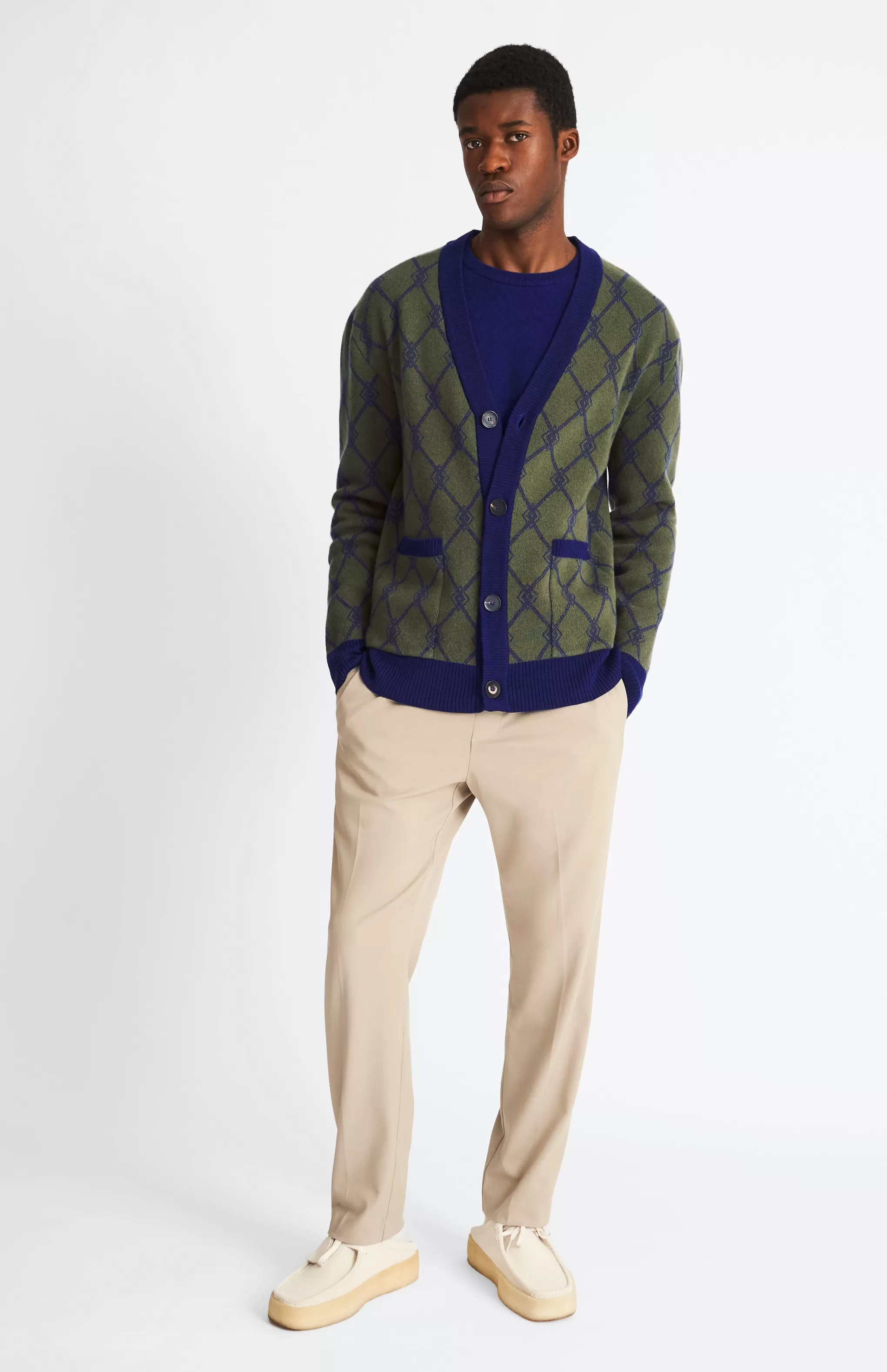 Online Cashmere Blend Monogram Jacquard Cardigan Jumper In Mineral Green / Royal Blue Men Argyle