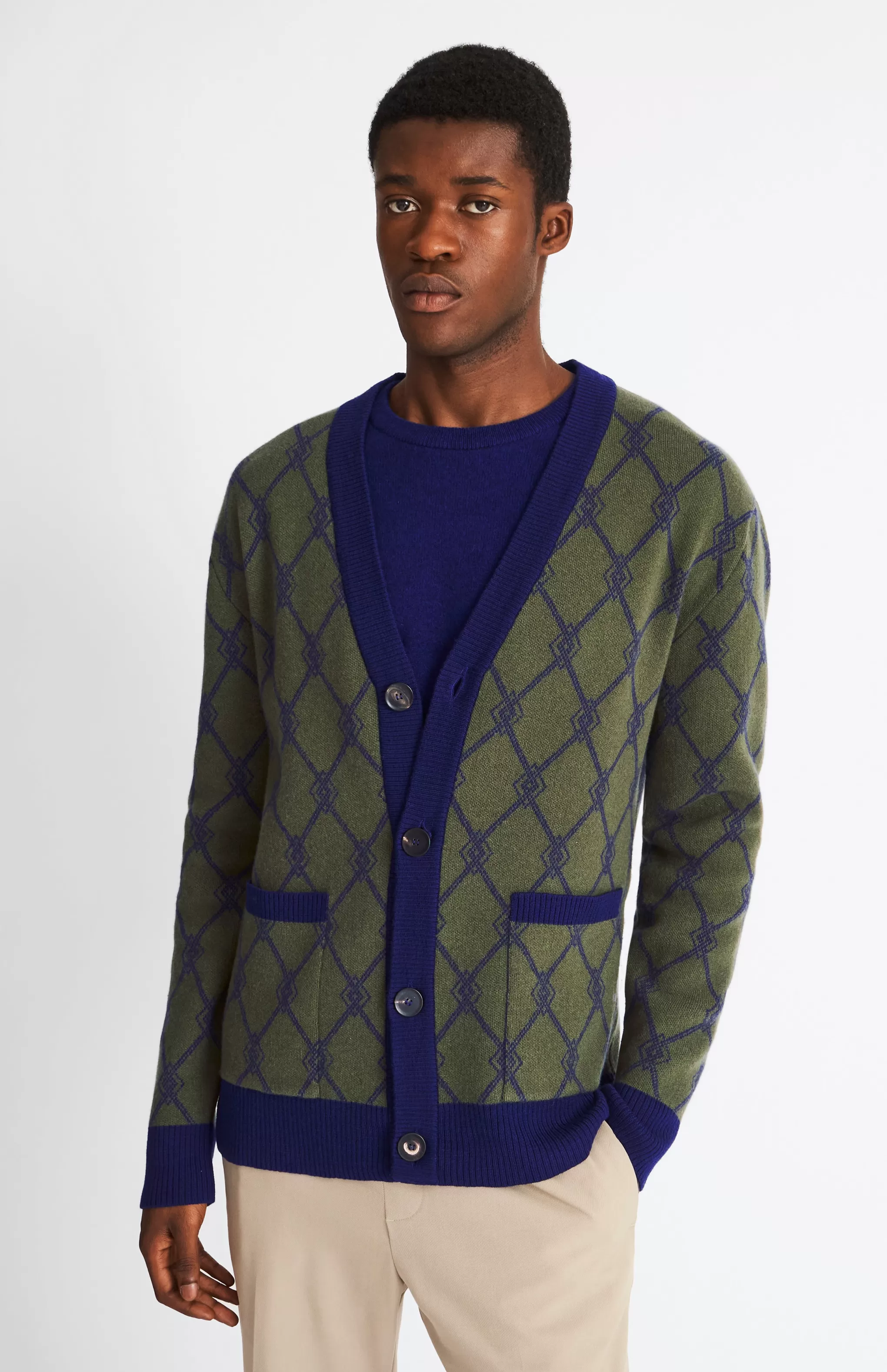 Online Cashmere Blend Monogram Jacquard Cardigan Jumper In Mineral Green / Royal Blue Men Argyle