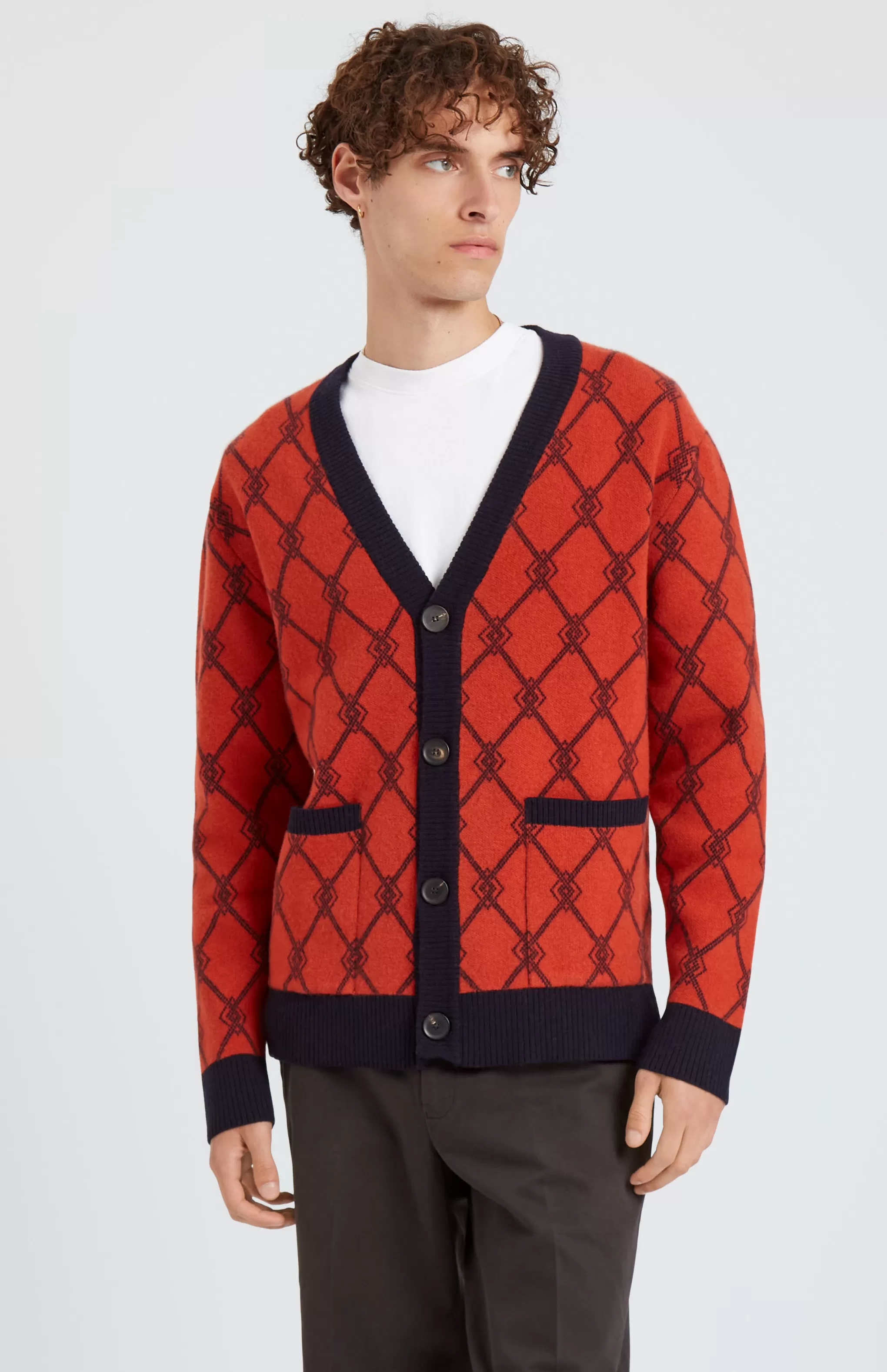 Store Cashmere Blend Monogram Jacquard Cardigan Jumper In Rust Red / Ink Men Argyle