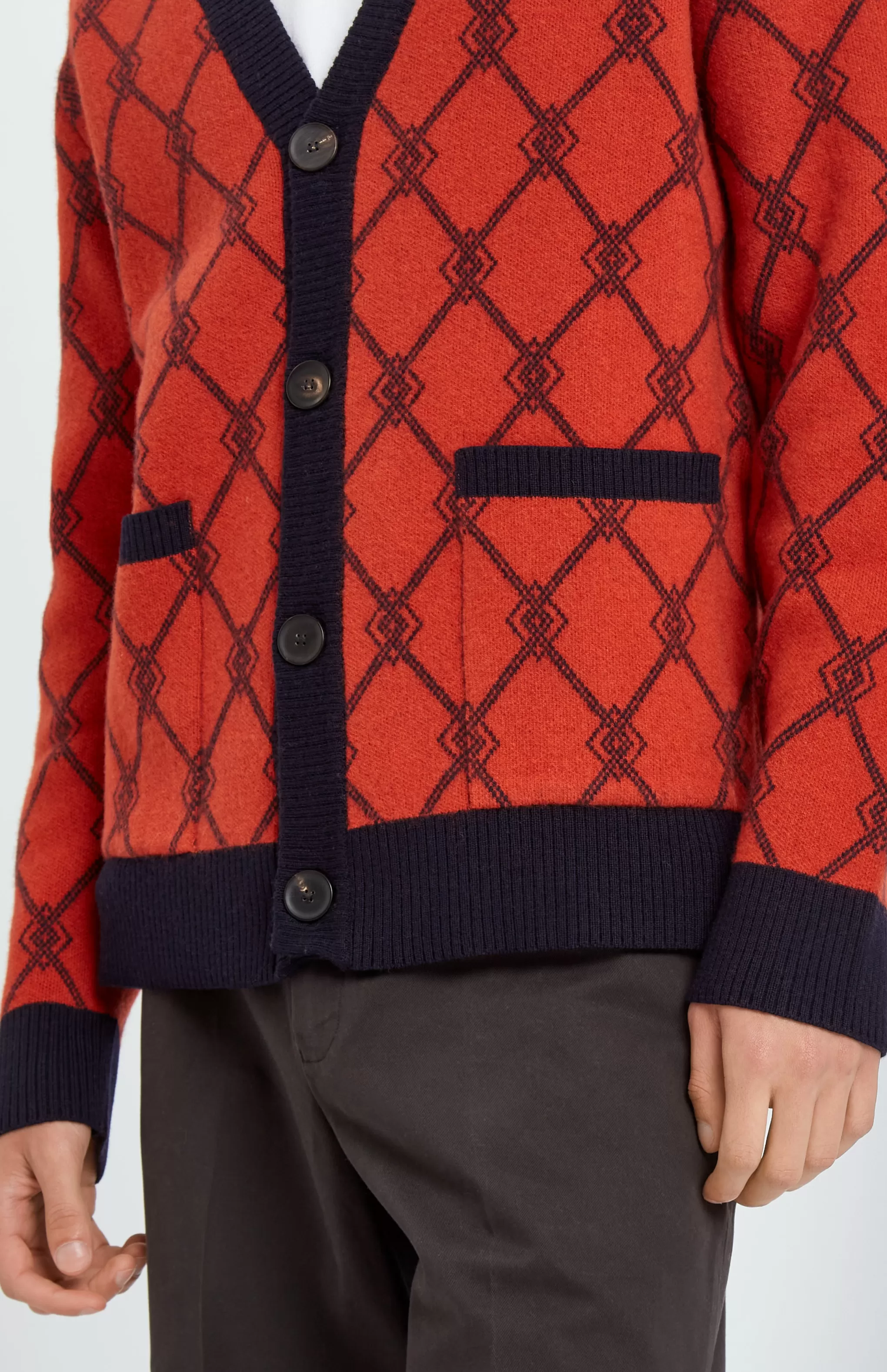 Store Cashmere Blend Monogram Jacquard Cardigan Jumper In Rust Red / Ink Men Argyle
