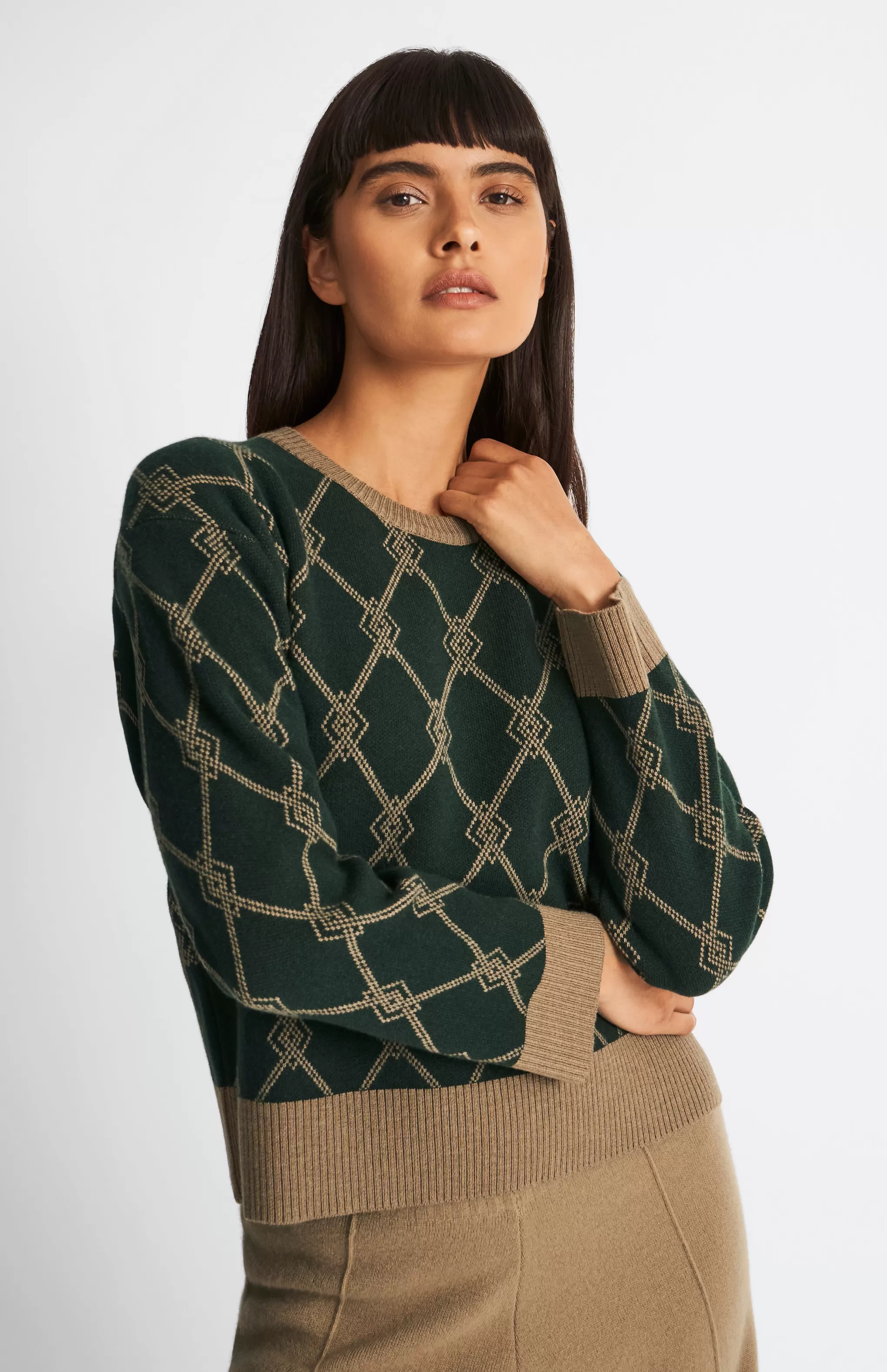 Clearance Cashmere Blend Monogram Jumper In Moss Green / Camel Men/Women Argyle