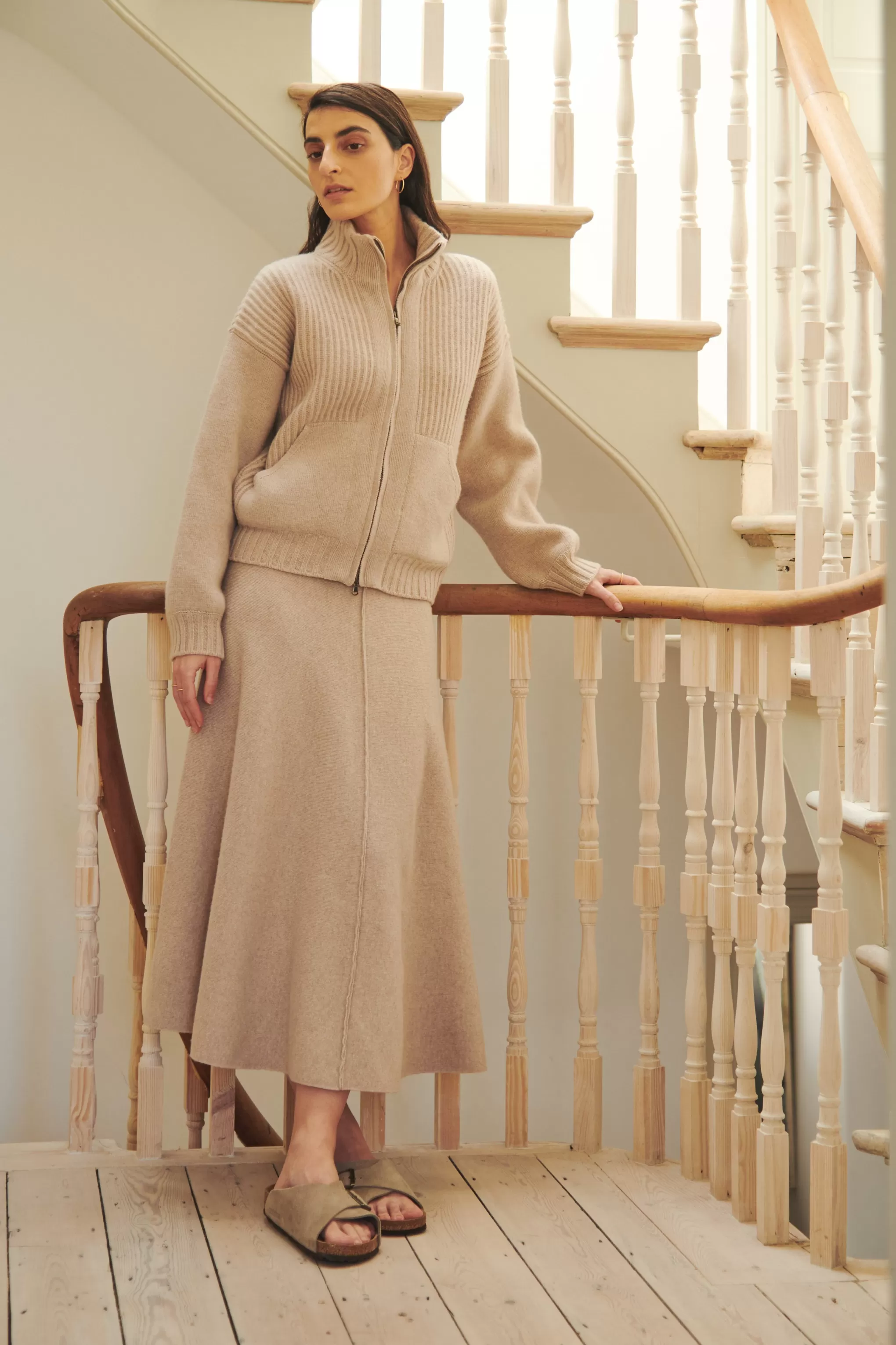 Online Cashmere Blend Zip Thru Jacket In Stone Melange Men/Women Heavy Weight Knits
