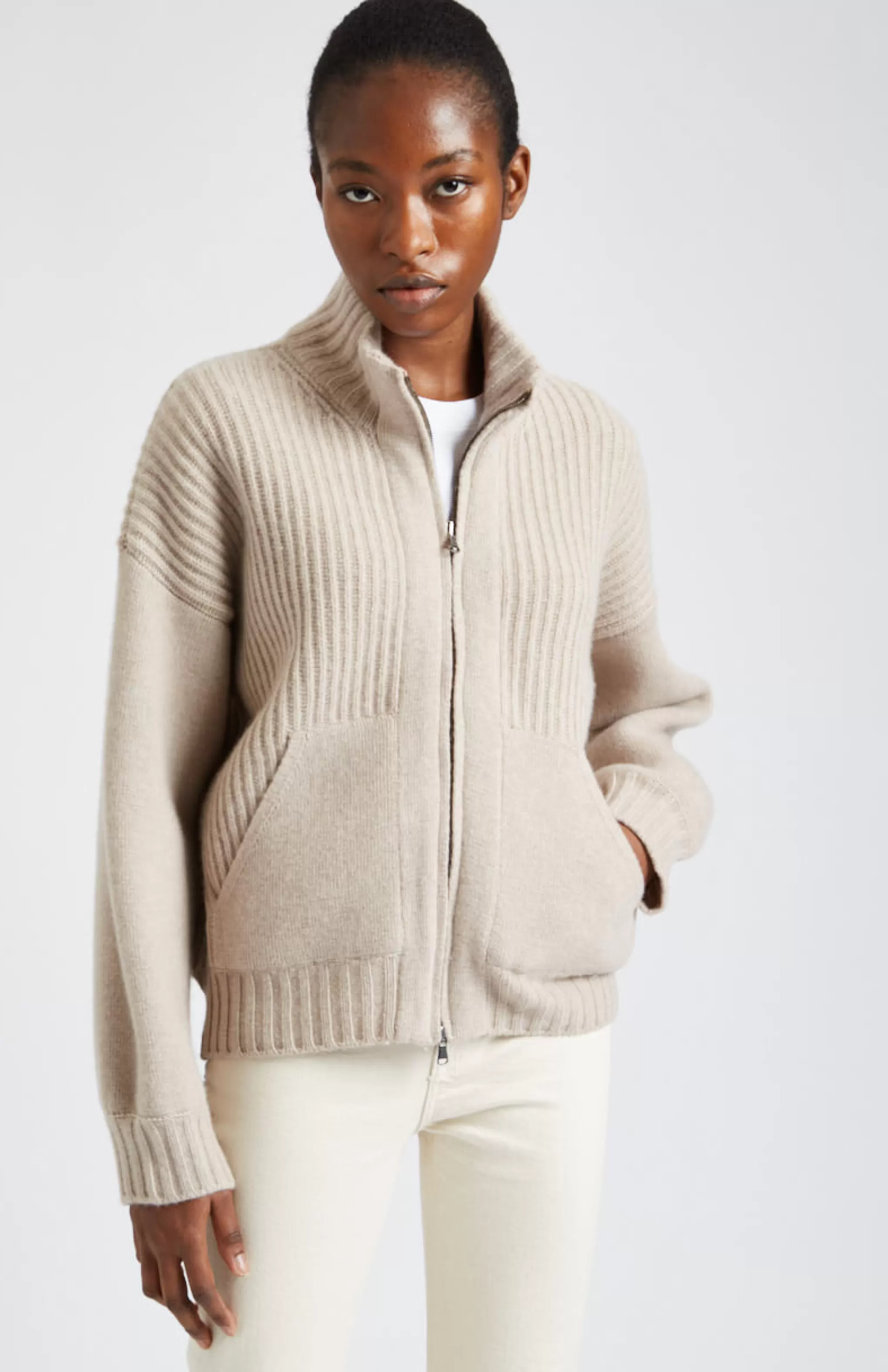 Best Sale Cashmere Blend Zip Thru Jacket In Stone Melange Men/Women Lambswool