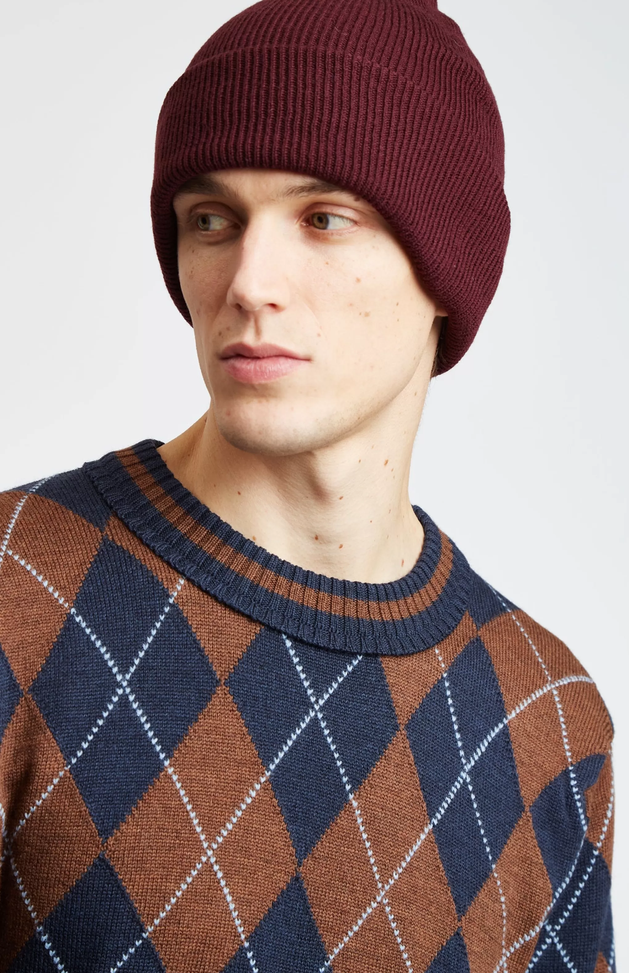 Hot Double Layer Ribbed Merino Beanie In Burgundy Men Hats
