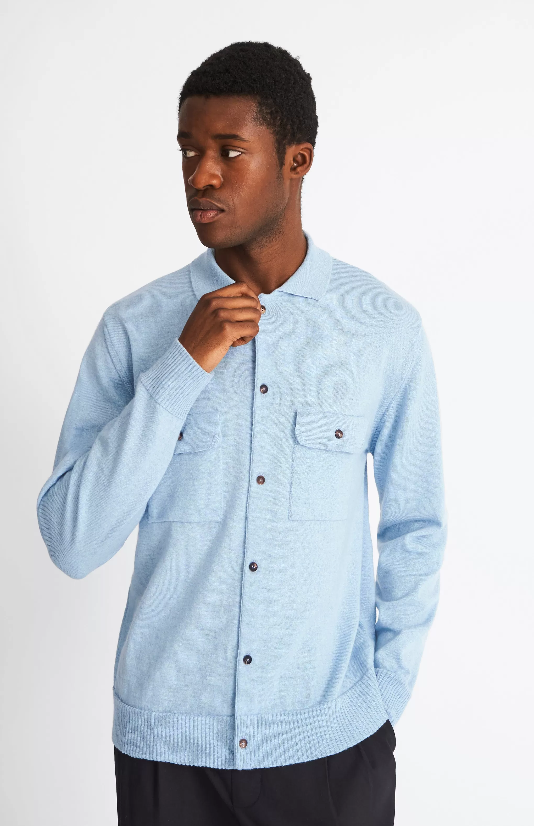 Cheap Fine Merino Knitted Overshirt In Blue Smoke Men Round Neck Knits