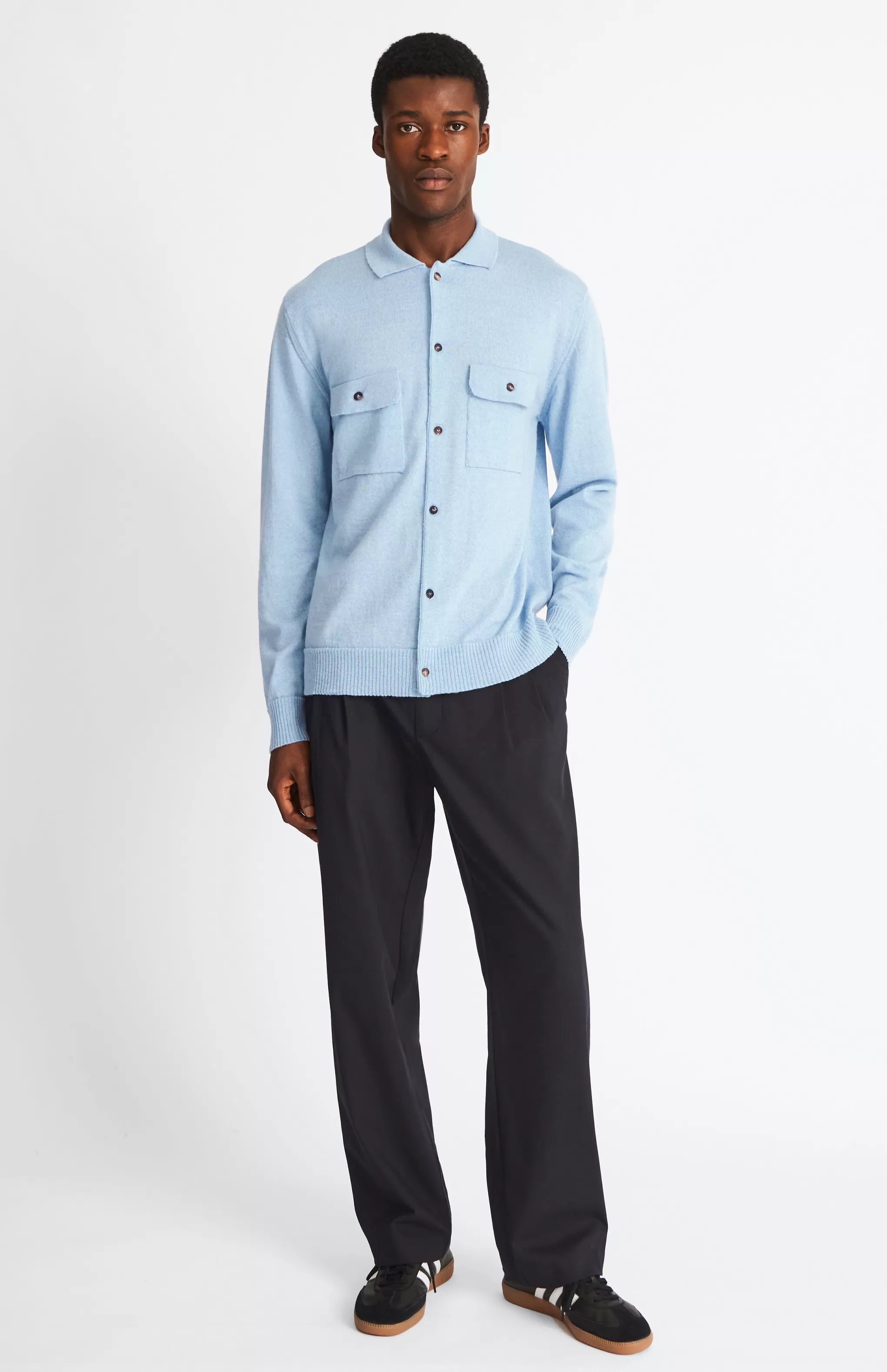 Cheap Fine Merino Knitted Overshirt In Blue Smoke Men Light Weight Knits