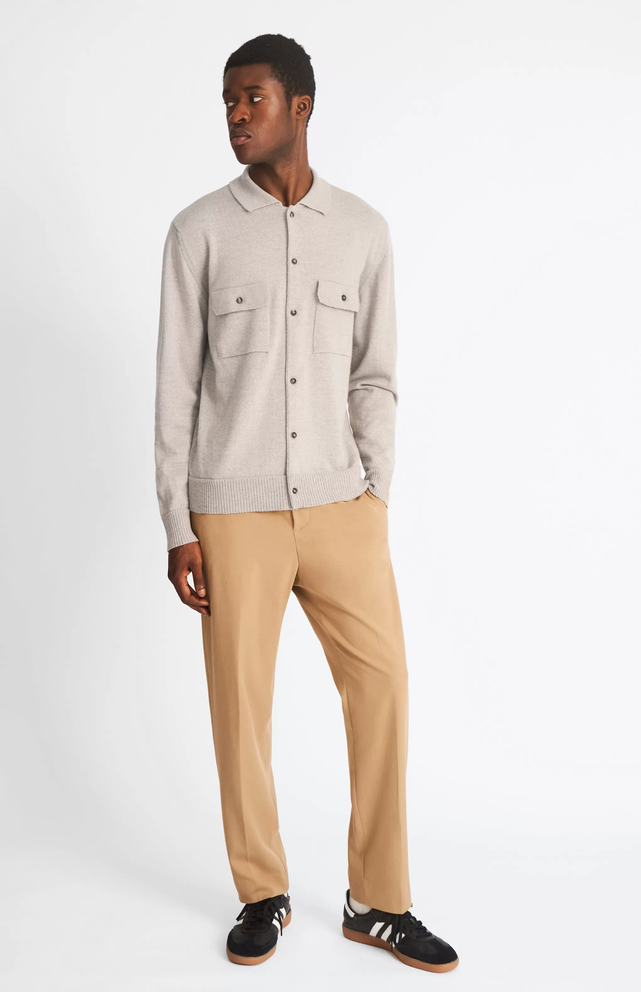 Shop Fine Merino Knitted Overshirt In Dark Natural Men Round Neck Knits