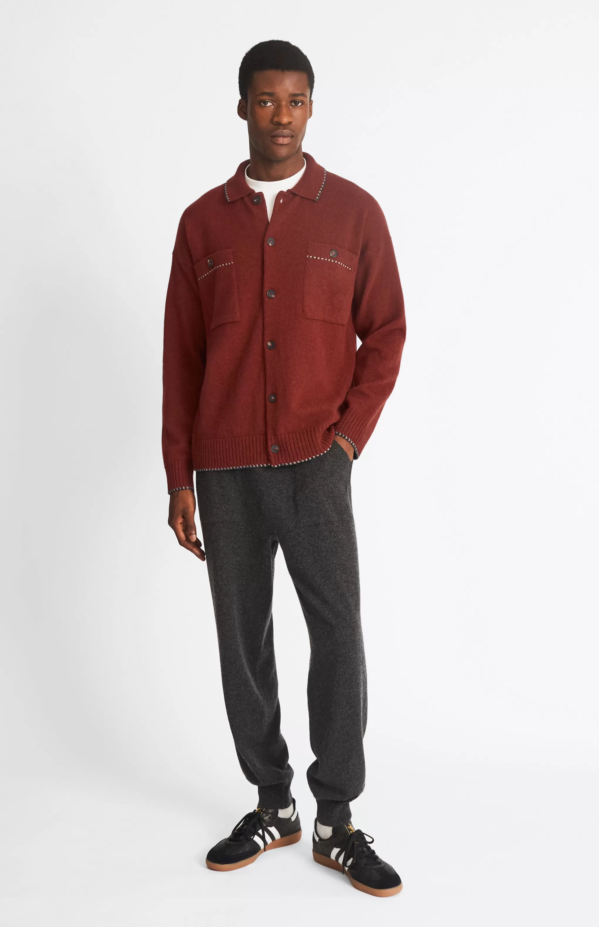 New Knitted Lambswool Overshirt With Contrast Edging In In Rust Red/Cobble Men Lambswool