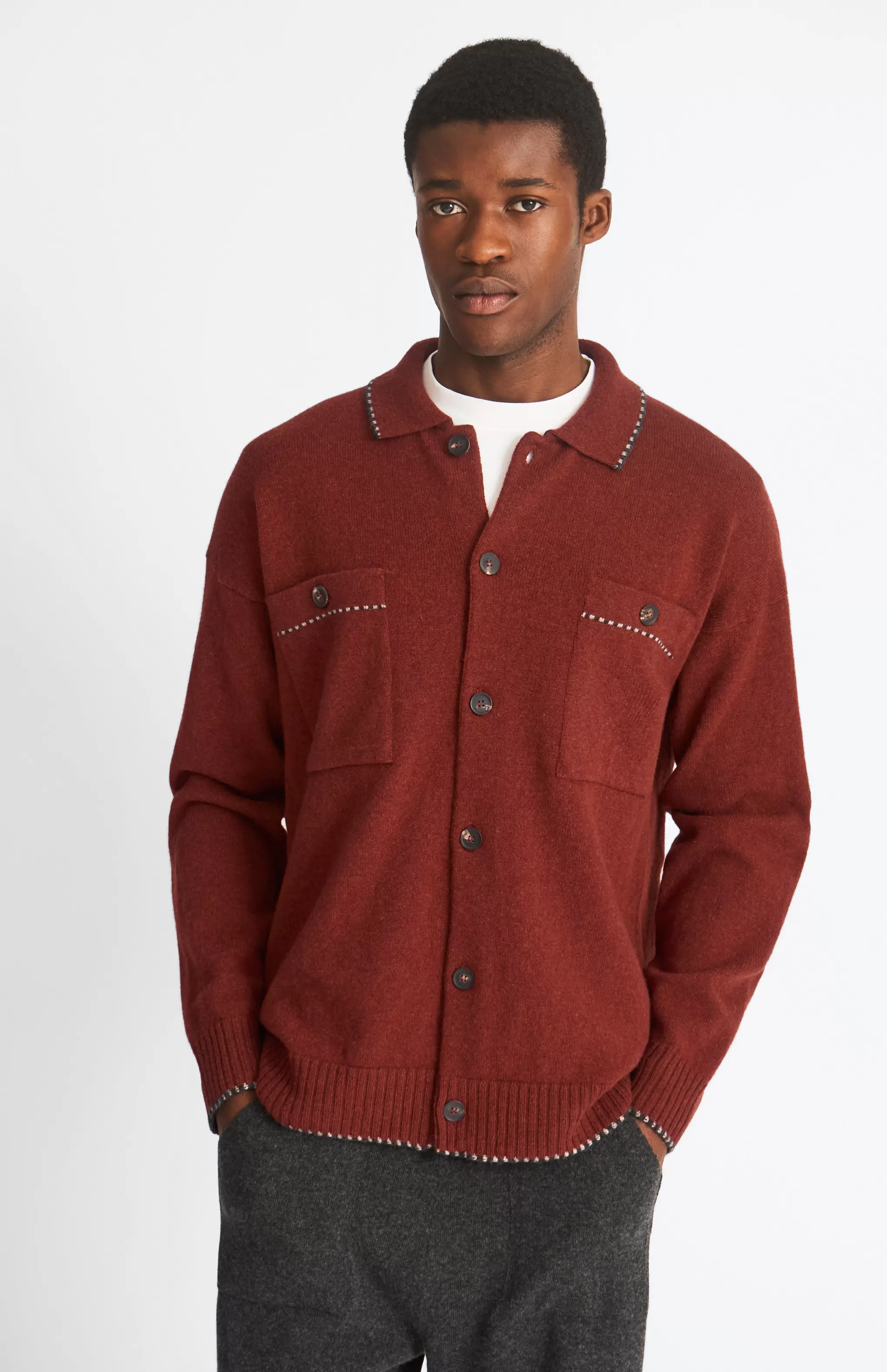 New Knitted Lambswool Overshirt With Contrast Edging In In Rust Red/Cobble Men Lambswool