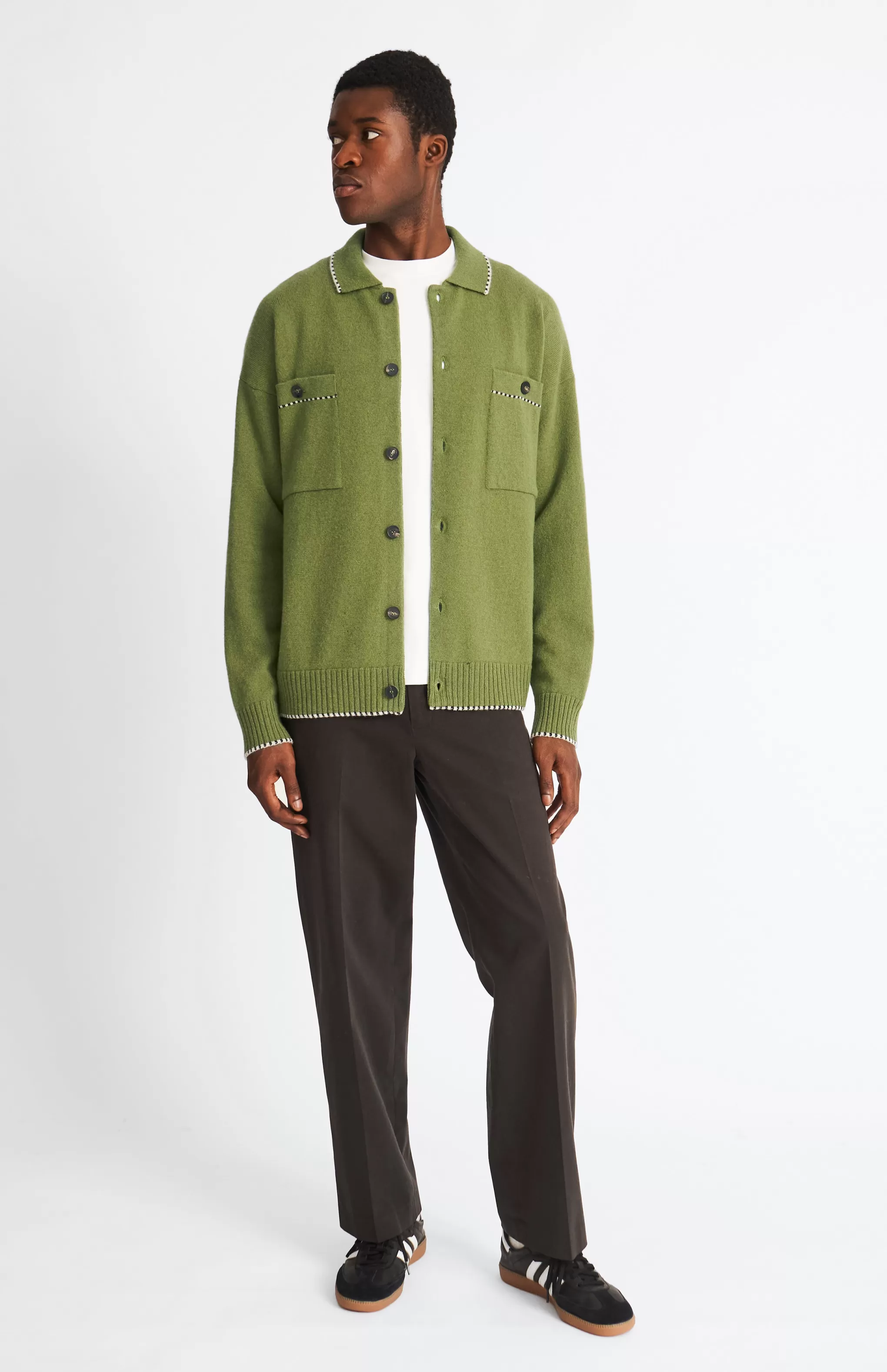 Fashion Knitted Lambswool Overshirt With Contrast Edging In Mineral Green / Navy Men Lambswool