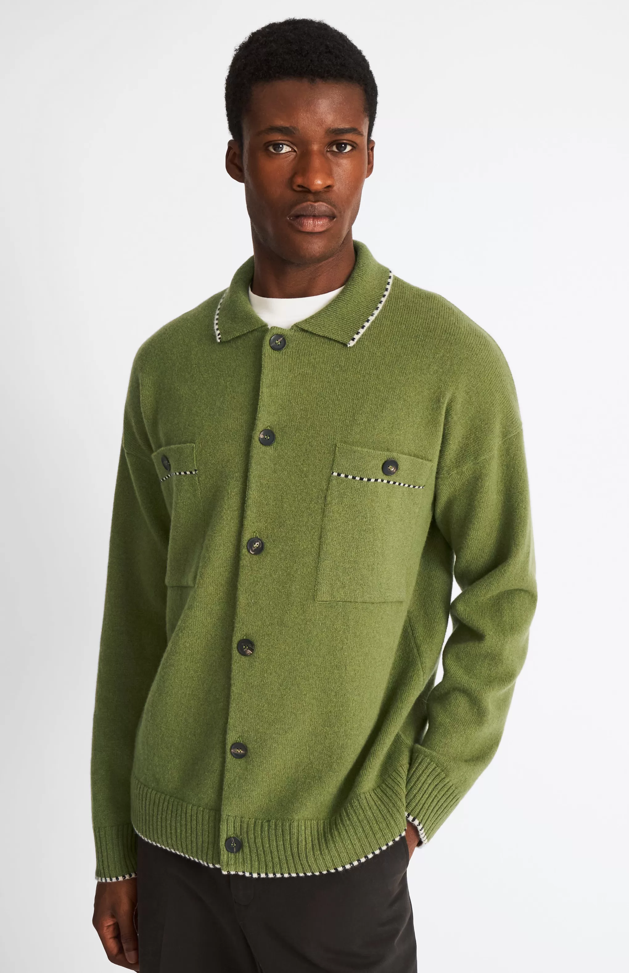 Fashion Knitted Lambswool Overshirt With Contrast Edging In Mineral Green / Navy Men Lambswool