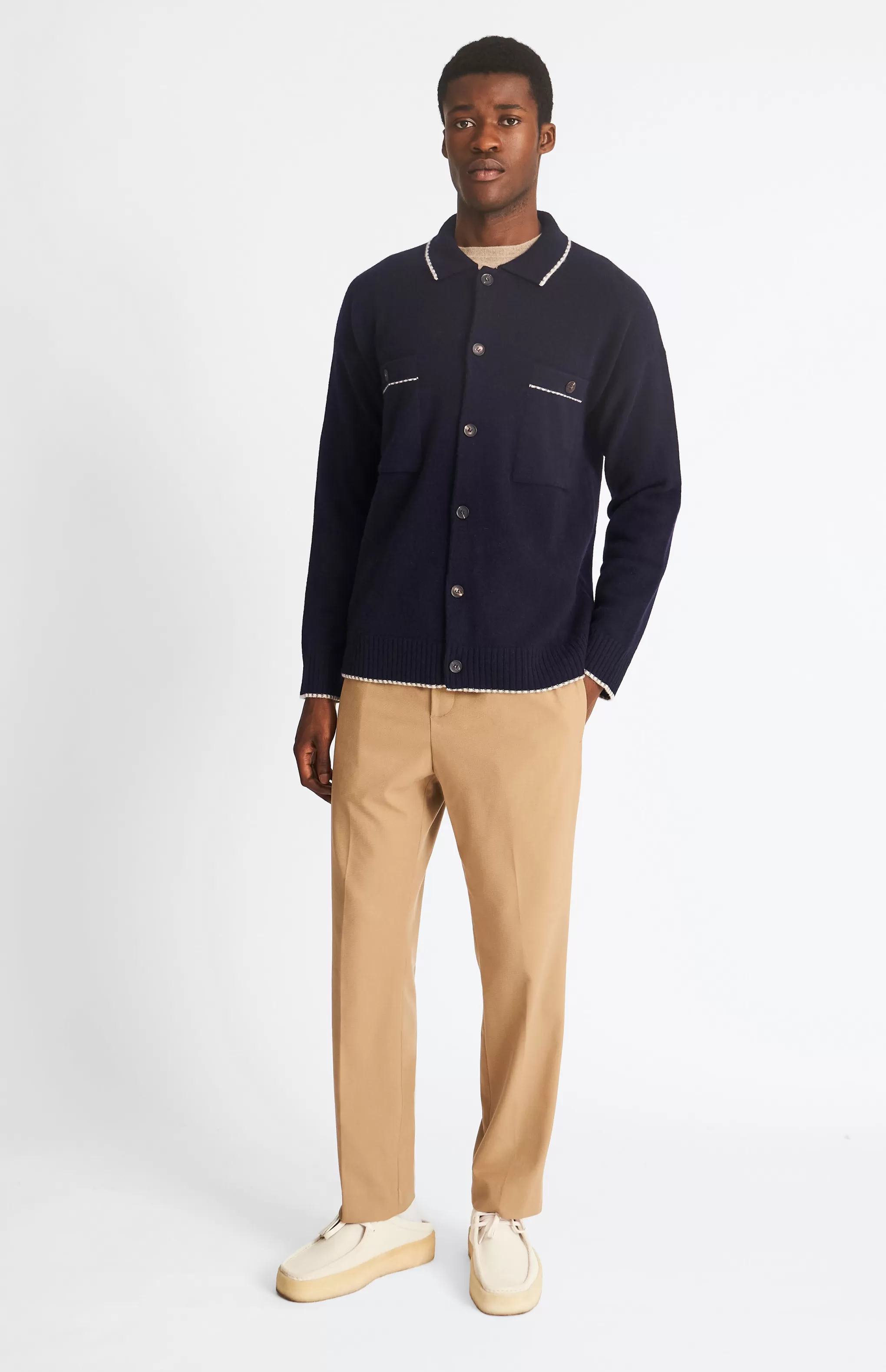 Best Knitted Lambswool Overshirt With Contrast Edging In Navy / Grey Mix Men Medium Weight Knits