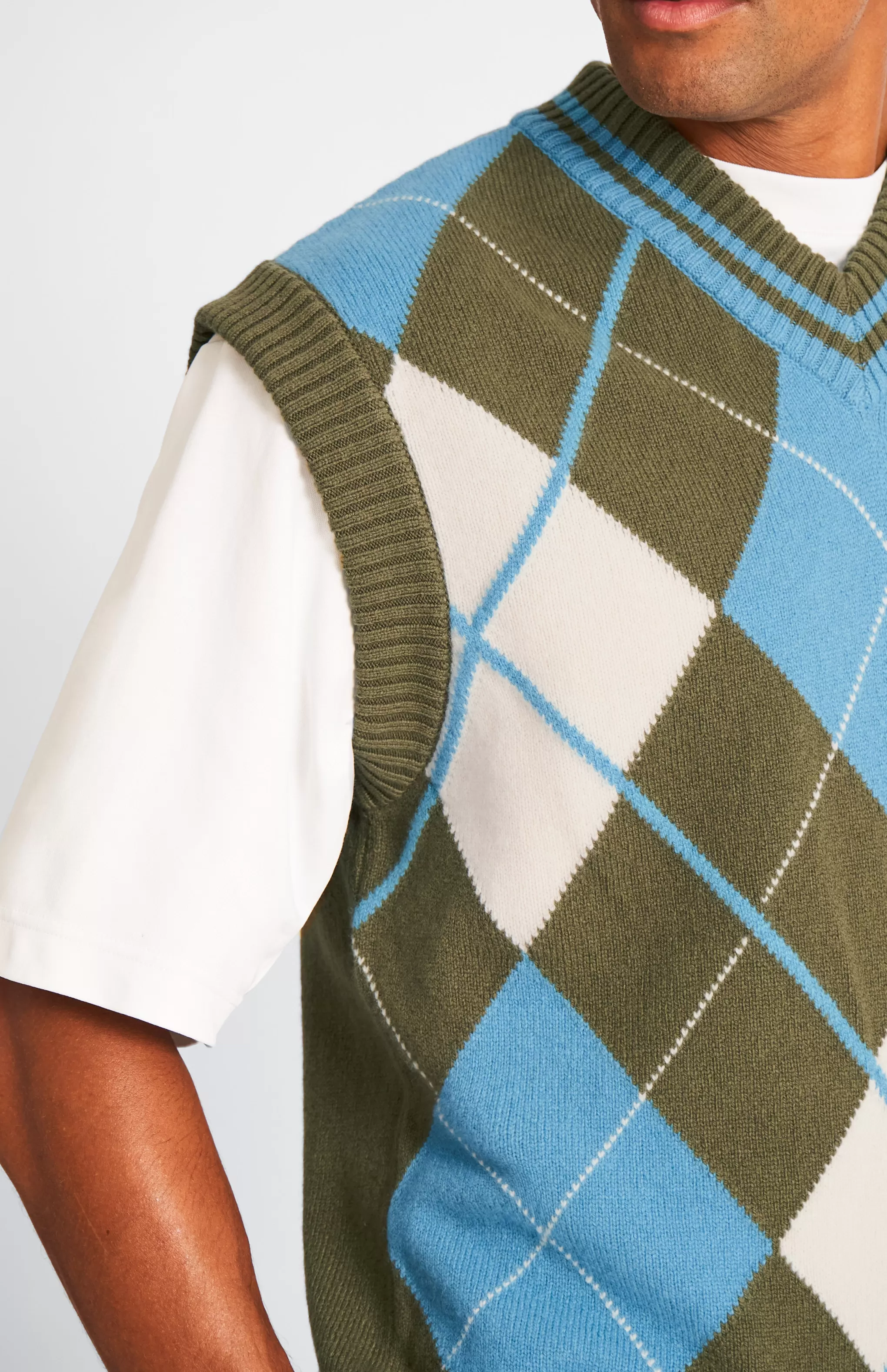 Store Lambswool Argyle V Neck Vest In Norse Blue / Mineral Green Men Lambswool