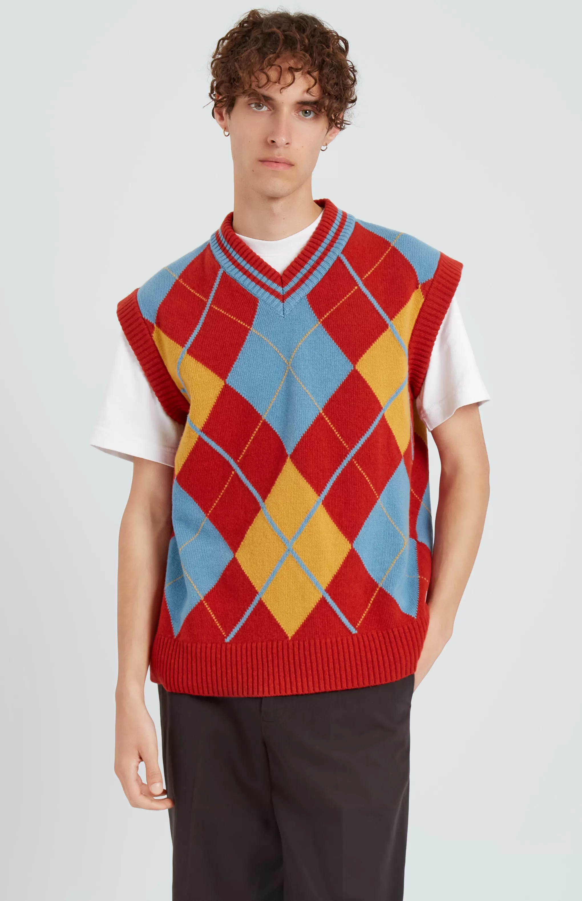 Cheap Lambswool Argyle V Neck Vest In Norse Blue / Rust Red Men Jumpers
