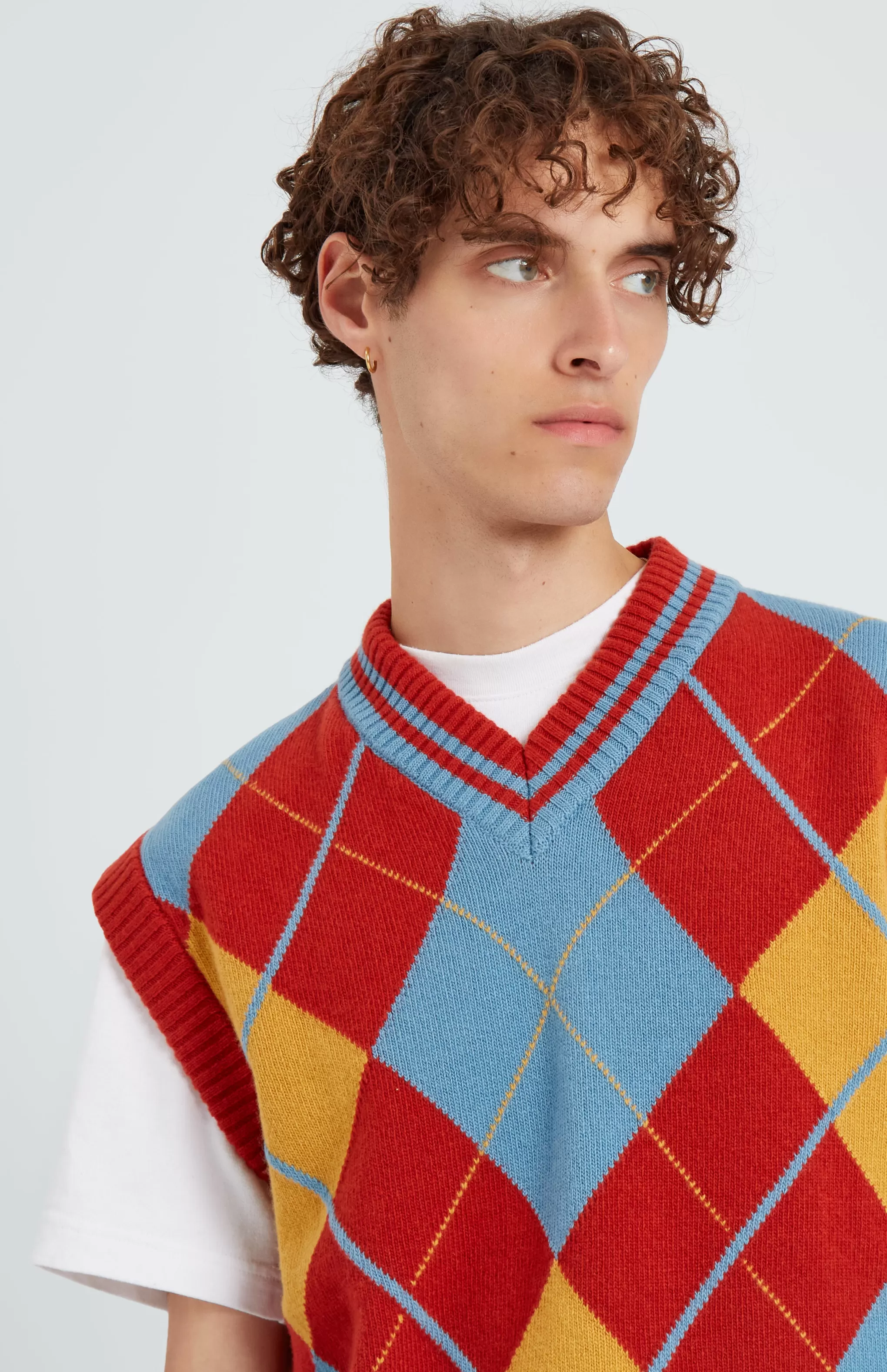 Cheap Lambswool Argyle V Neck Vest In Norse Blue / Rust Red Men Gifts for Men