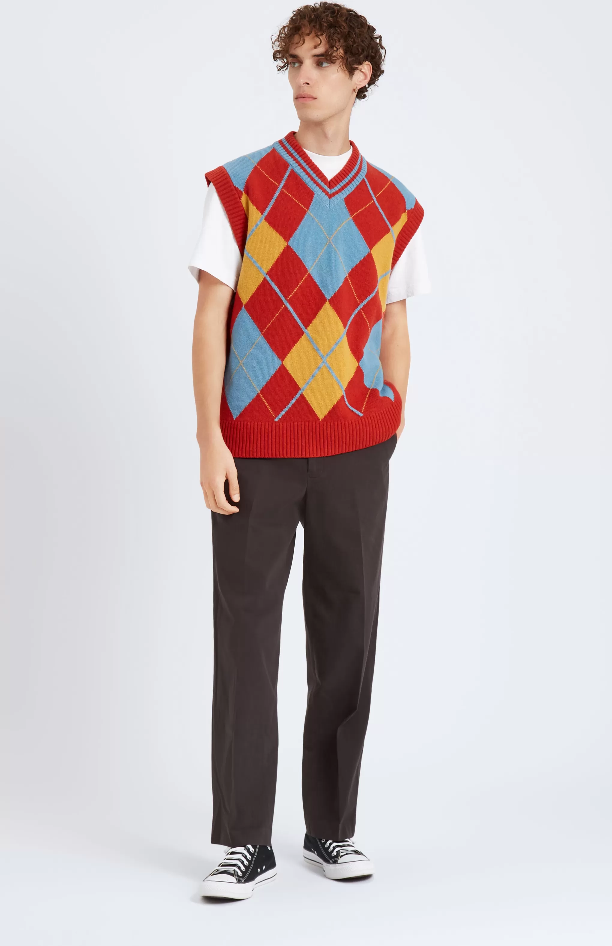 Clearance Lambswool Argyle V Neck Vest In Norse Blue / Rust Red Men Argyle