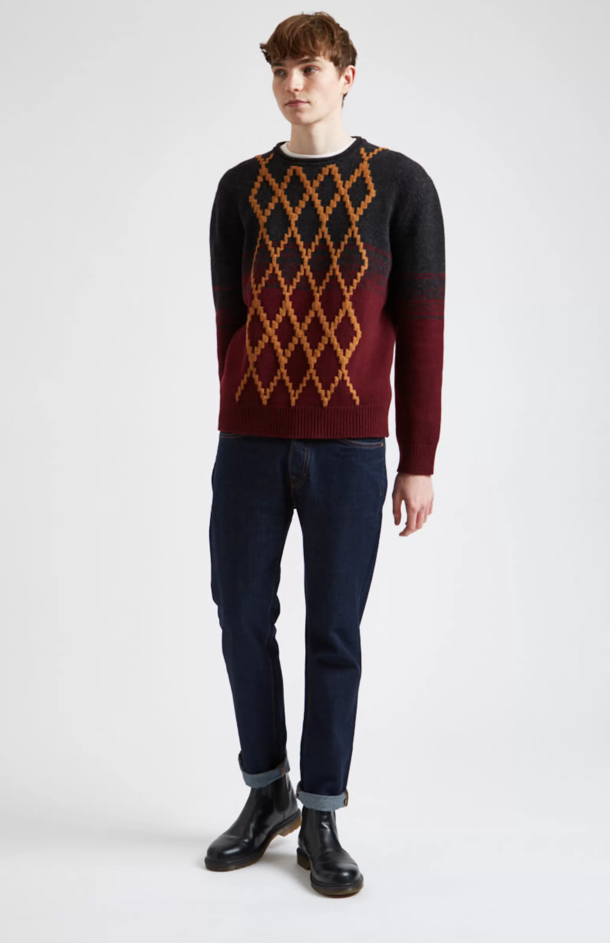 Sale Lambswool Round Neck Jumper With Argyle Pattern And Degrade Effect In Charocal And Dark Claret Men Argyle