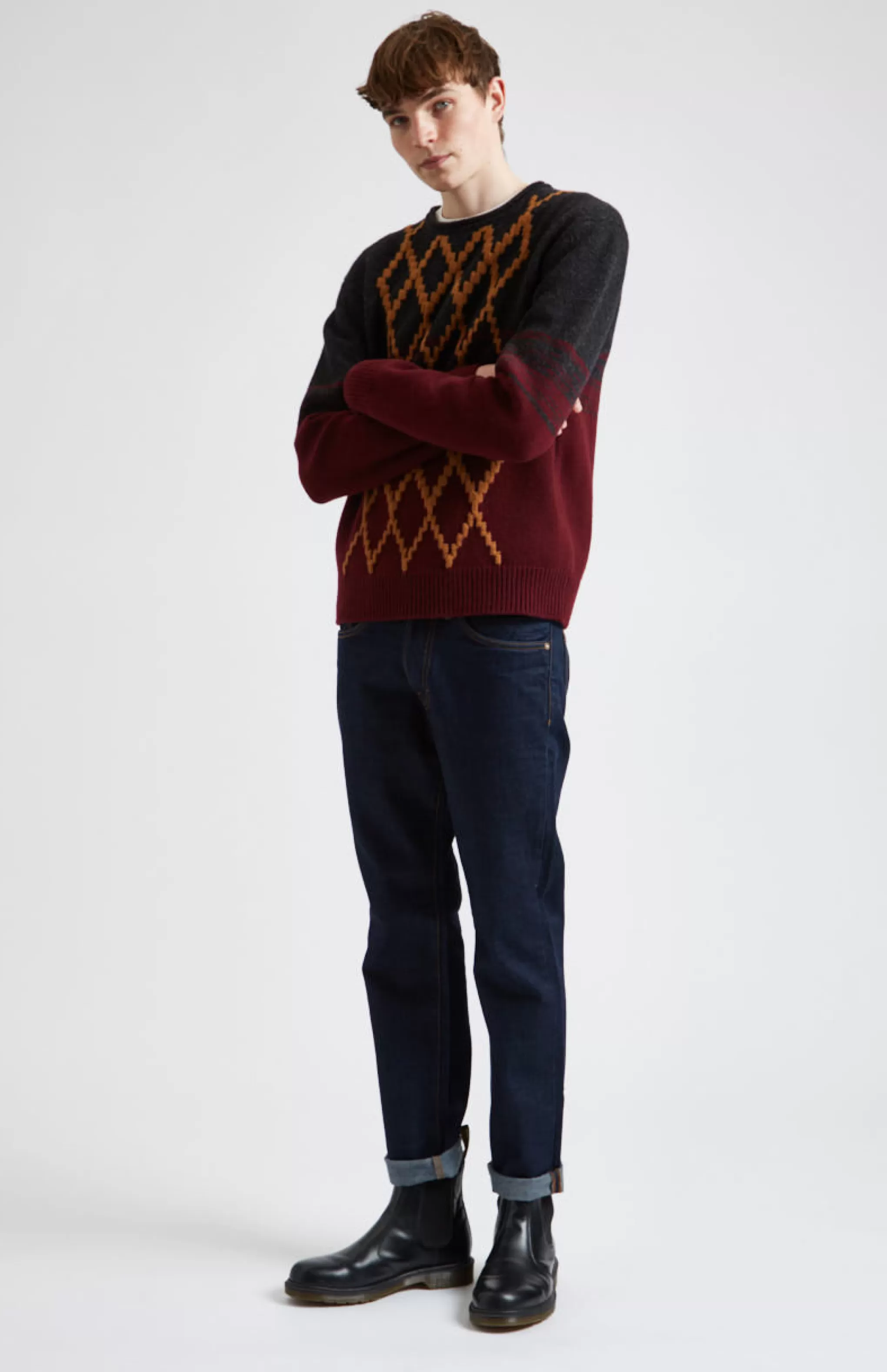 Sale Lambswool Round Neck Jumper With Argyle Pattern And Degrade Effect In Charocal And Dark Claret Men Argyle