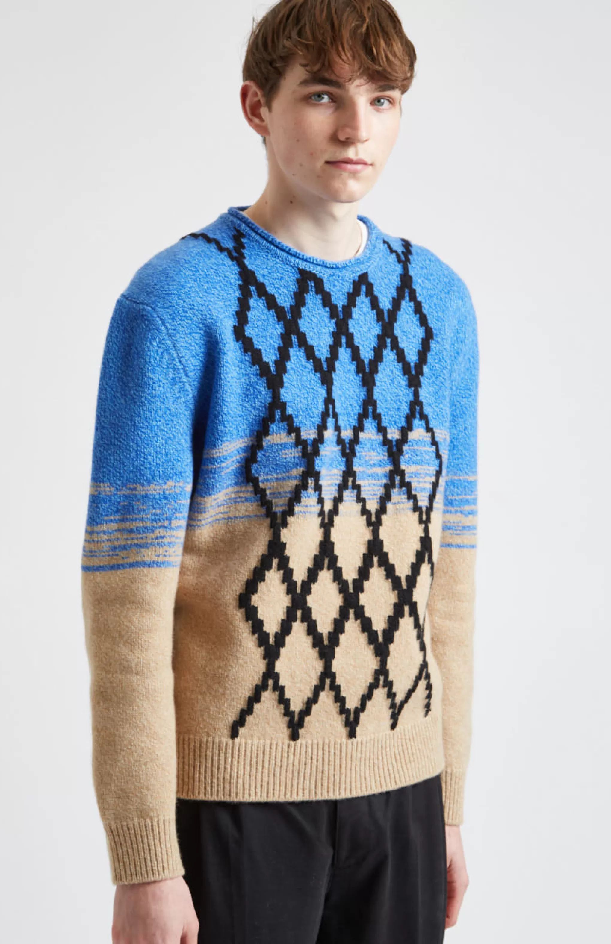 Clearance Lambswool Round Neck Jumper With Argyle Pattern And Degrade Effect In Cobalt And Camel Men Jumpers