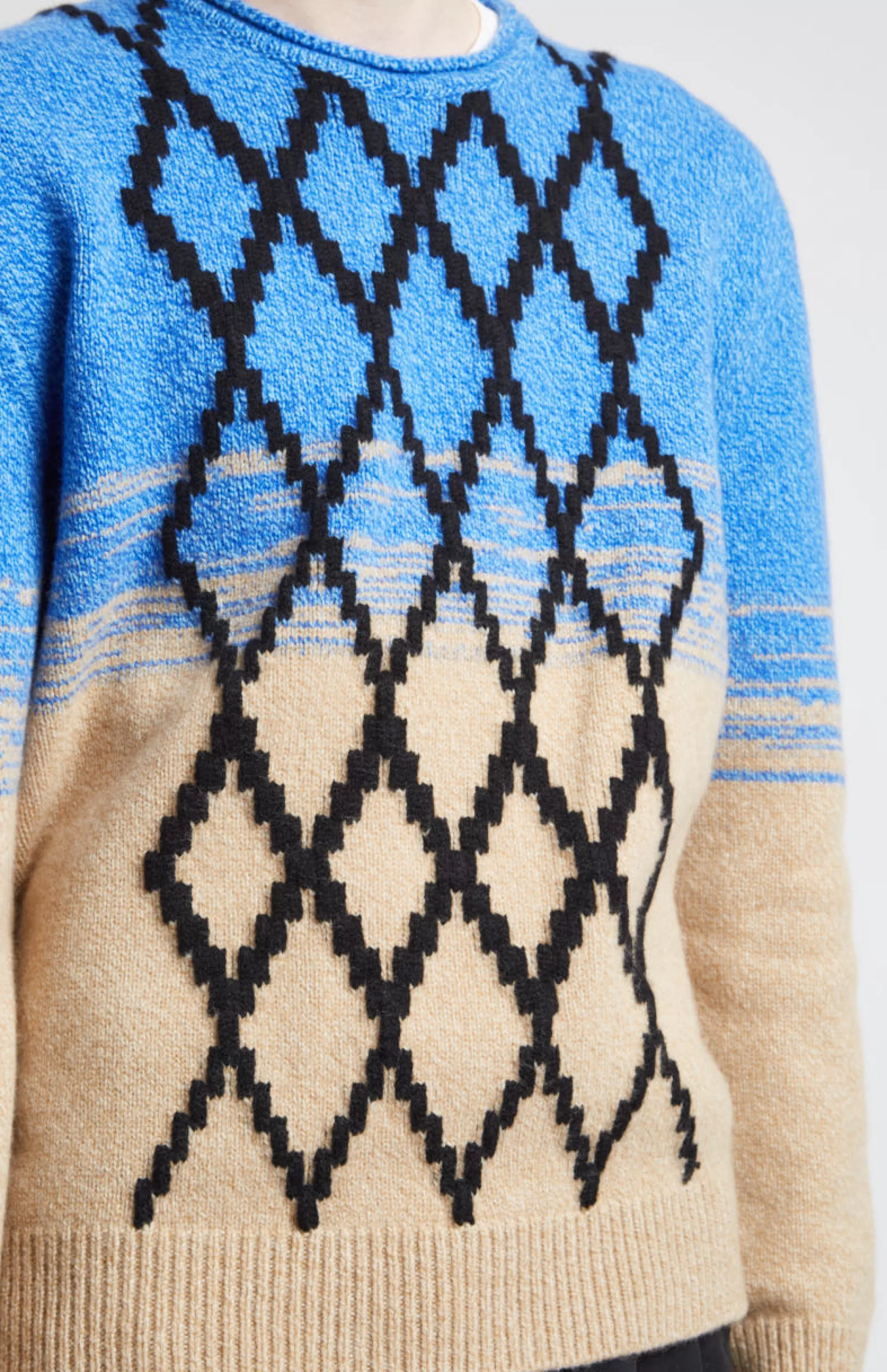 Online Lambswool Round Neck Jumper With Argyle Pattern And Degrade Effect In Cobalt And Camel Men Heavy Weight Knits