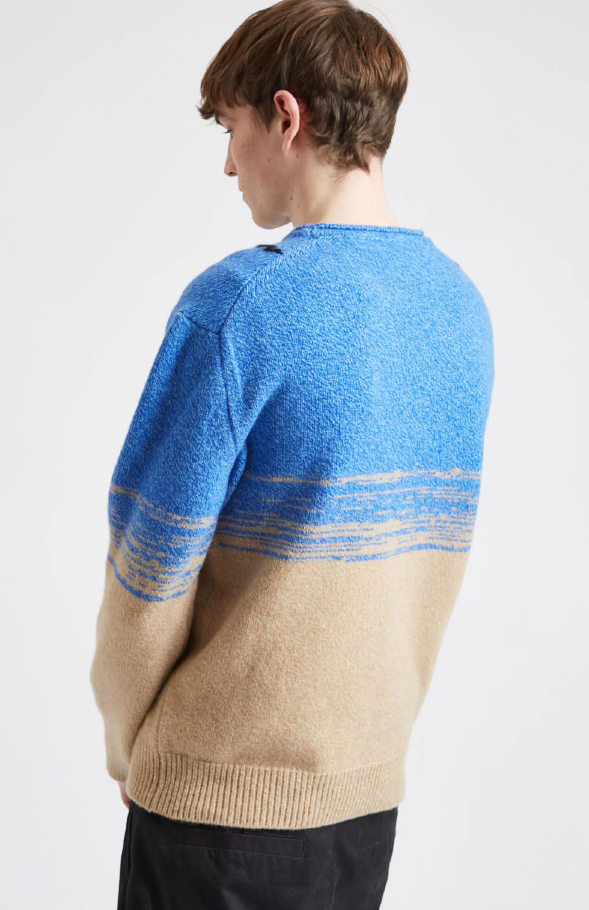 Best Sale Lambswool Round Neck Jumper With Argyle Pattern And Degrade Effect In Cobalt And Camel Men Argyle
