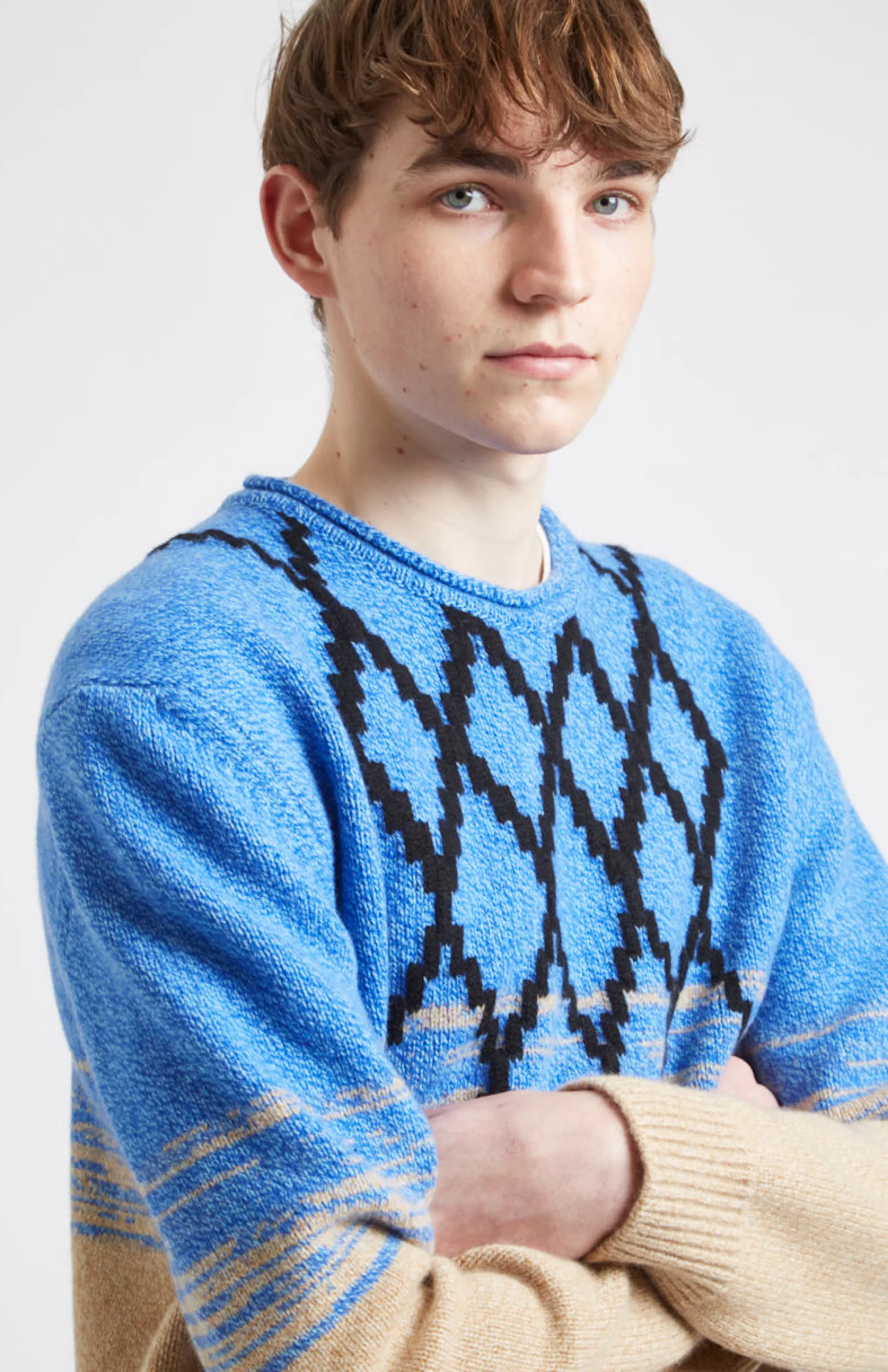 Best Sale Lambswool Round Neck Jumper With Argyle Pattern And Degrade Effect In Cobalt And Camel Men Argyle