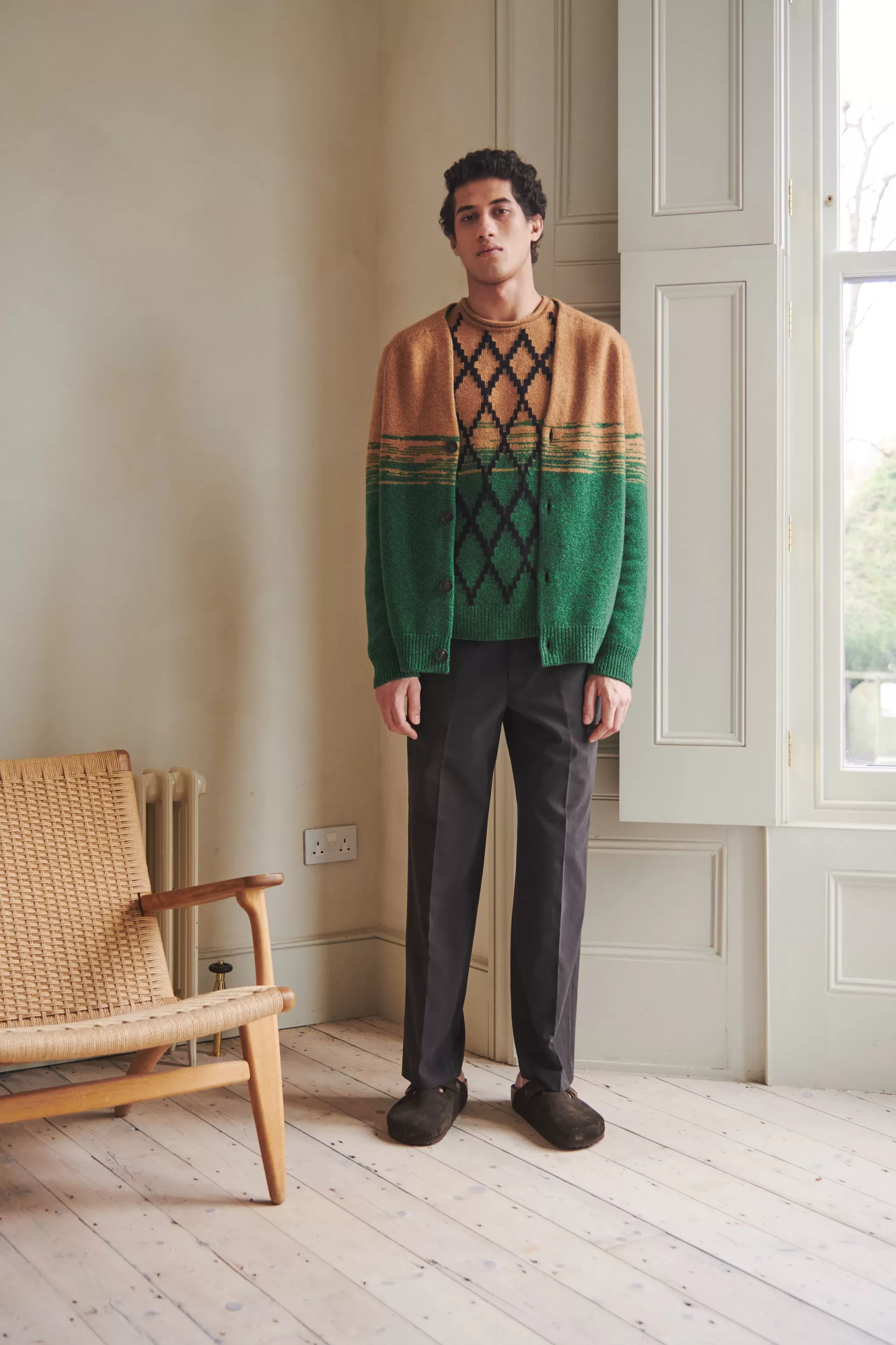 Outlet Lambswool Round Neck Jumper With Argyle Pattern And Degrade Effect In Vicuna And Evergreen Men Lambswool