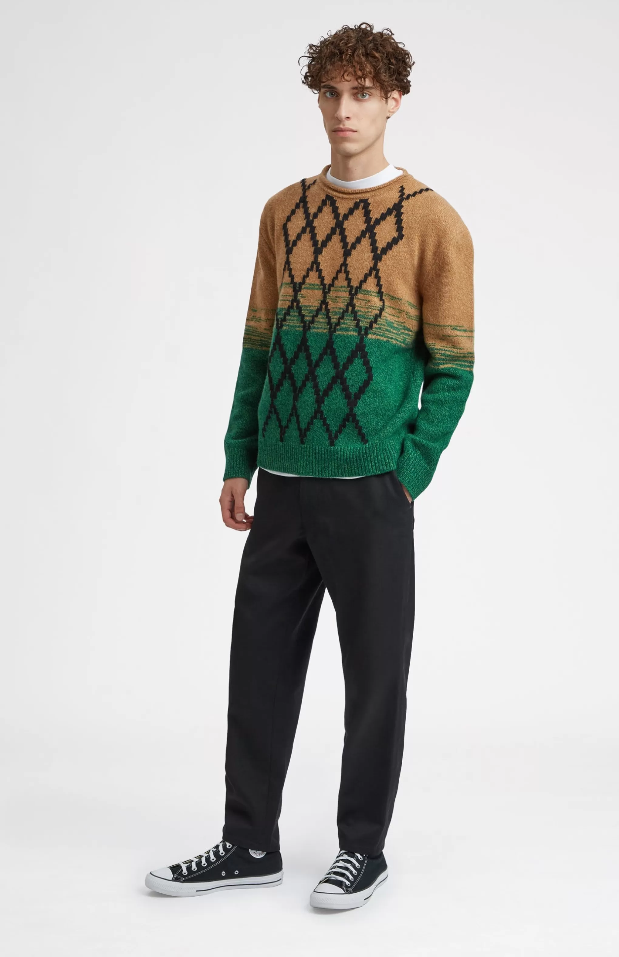 Outlet Lambswool Round Neck Jumper With Argyle Pattern And Degrade Effect In Vicuna And Evergreen Men Lambswool