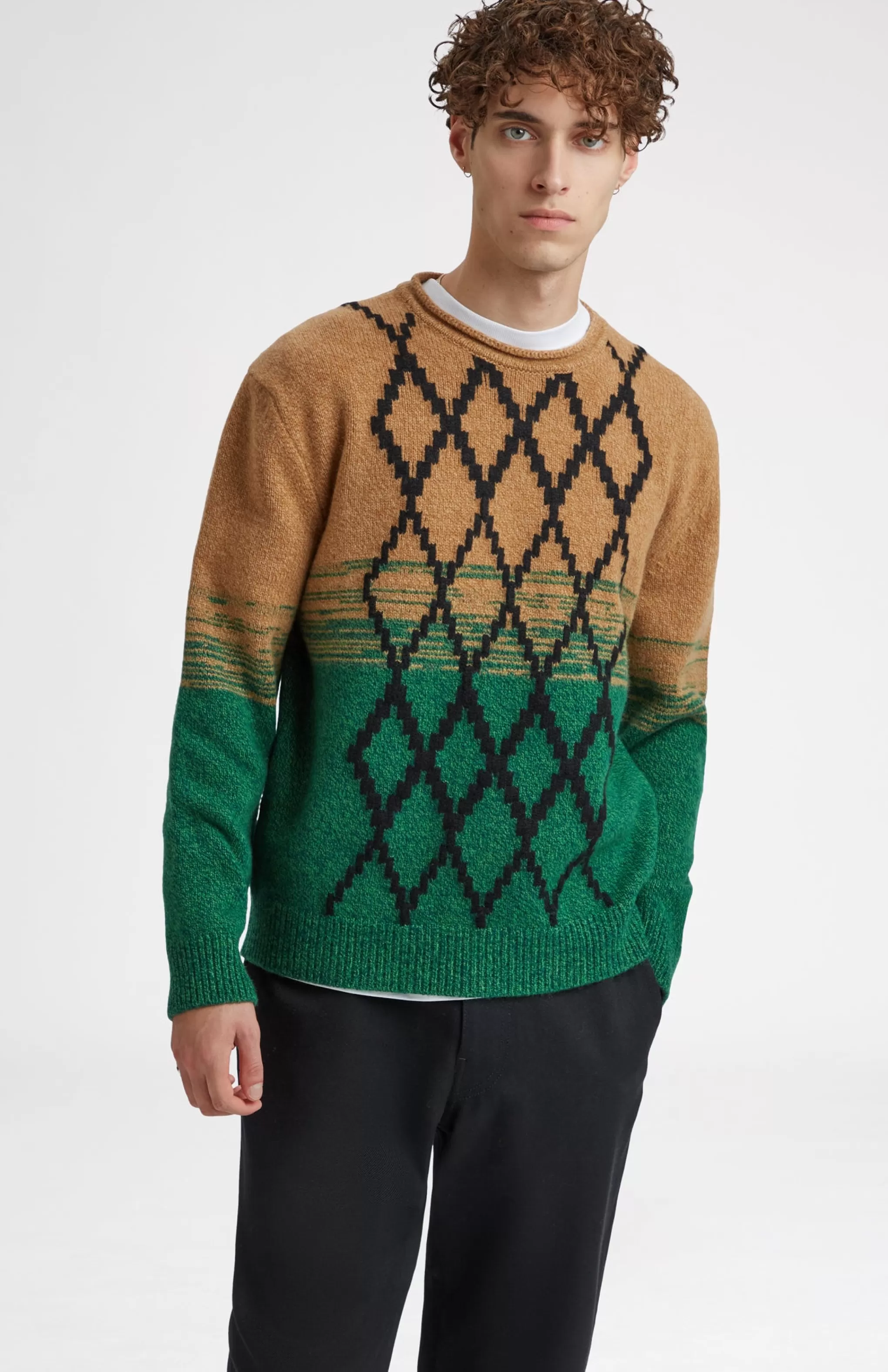 Clearance Lambswool Round Neck Jumper With Argyle Pattern And Degrade Effect In Vicuna And Evergreen Men Argyle