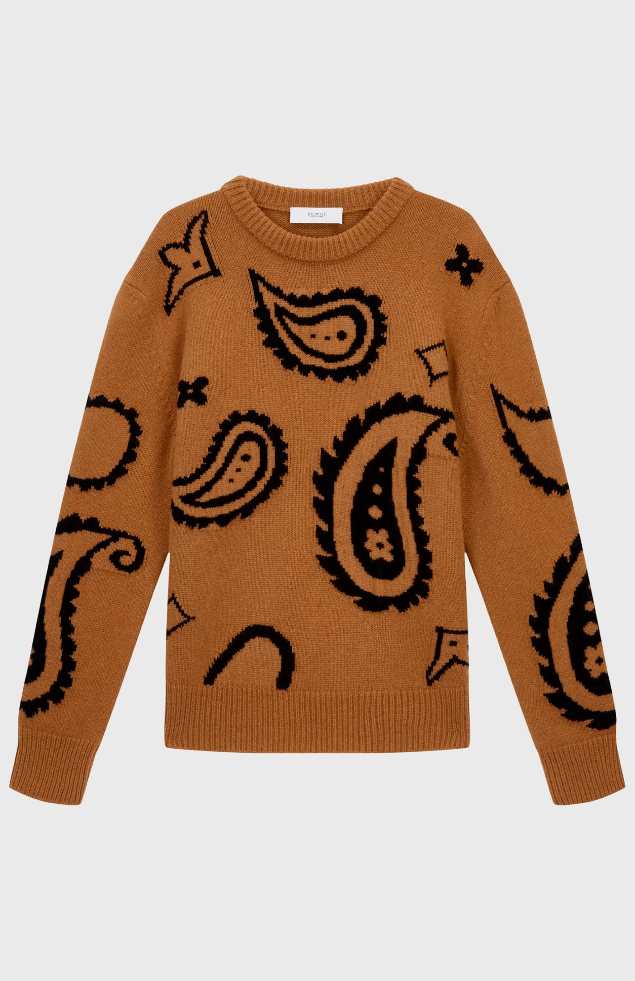 Fashion Lambswool Round Neck Jumper With Exploded Paisley Intarsia Pattern In Vicuna And Black Men Heavy Weight Knits