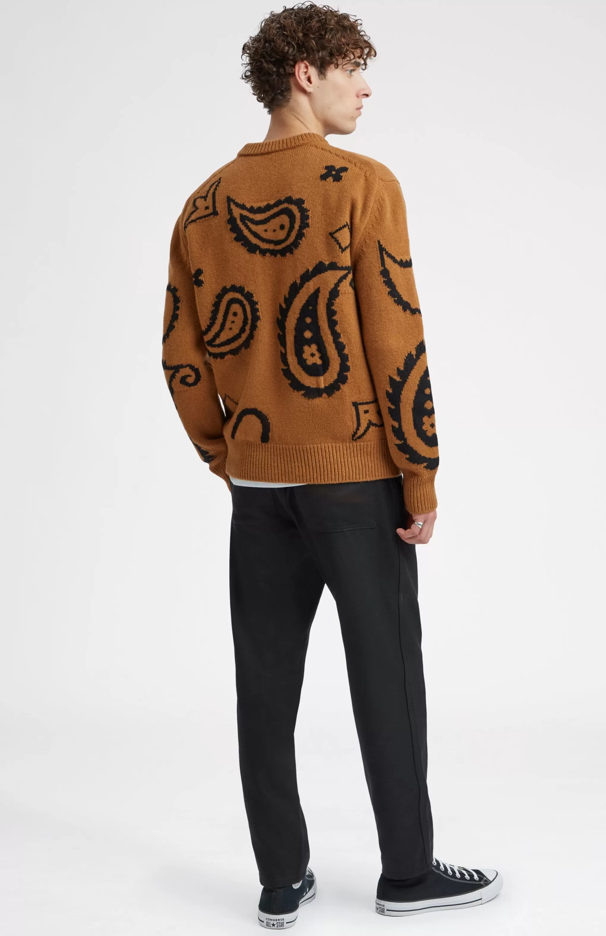 Fashion Lambswool Round Neck Jumper With Exploded Paisley Intarsia Pattern In Vicuna And Black Men Heavy Weight Knits