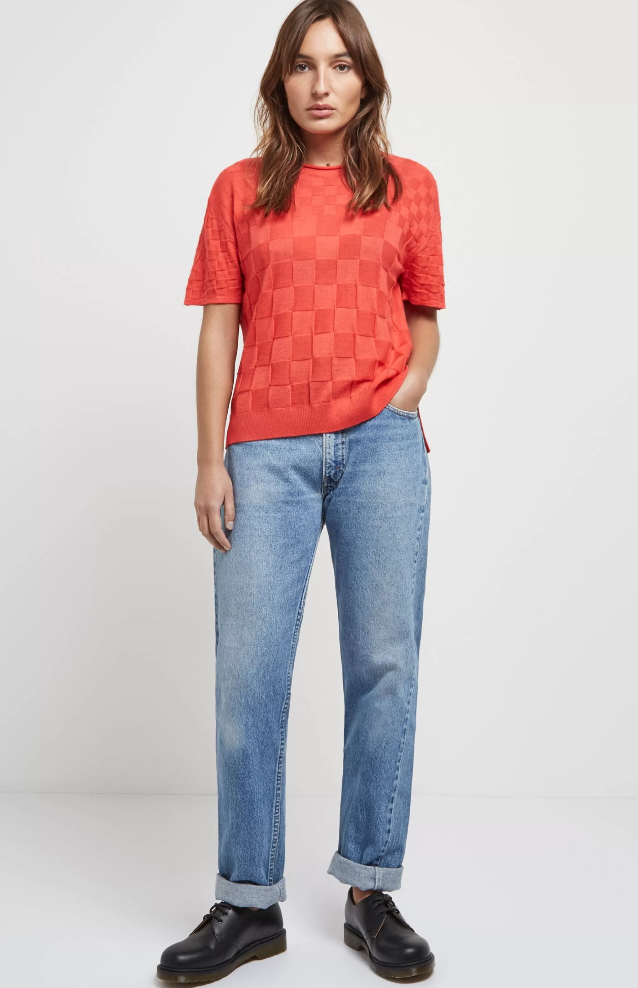Outlet Lightweight 3D Check Silk Blend T-Shirt in Orange Men/Women Merino