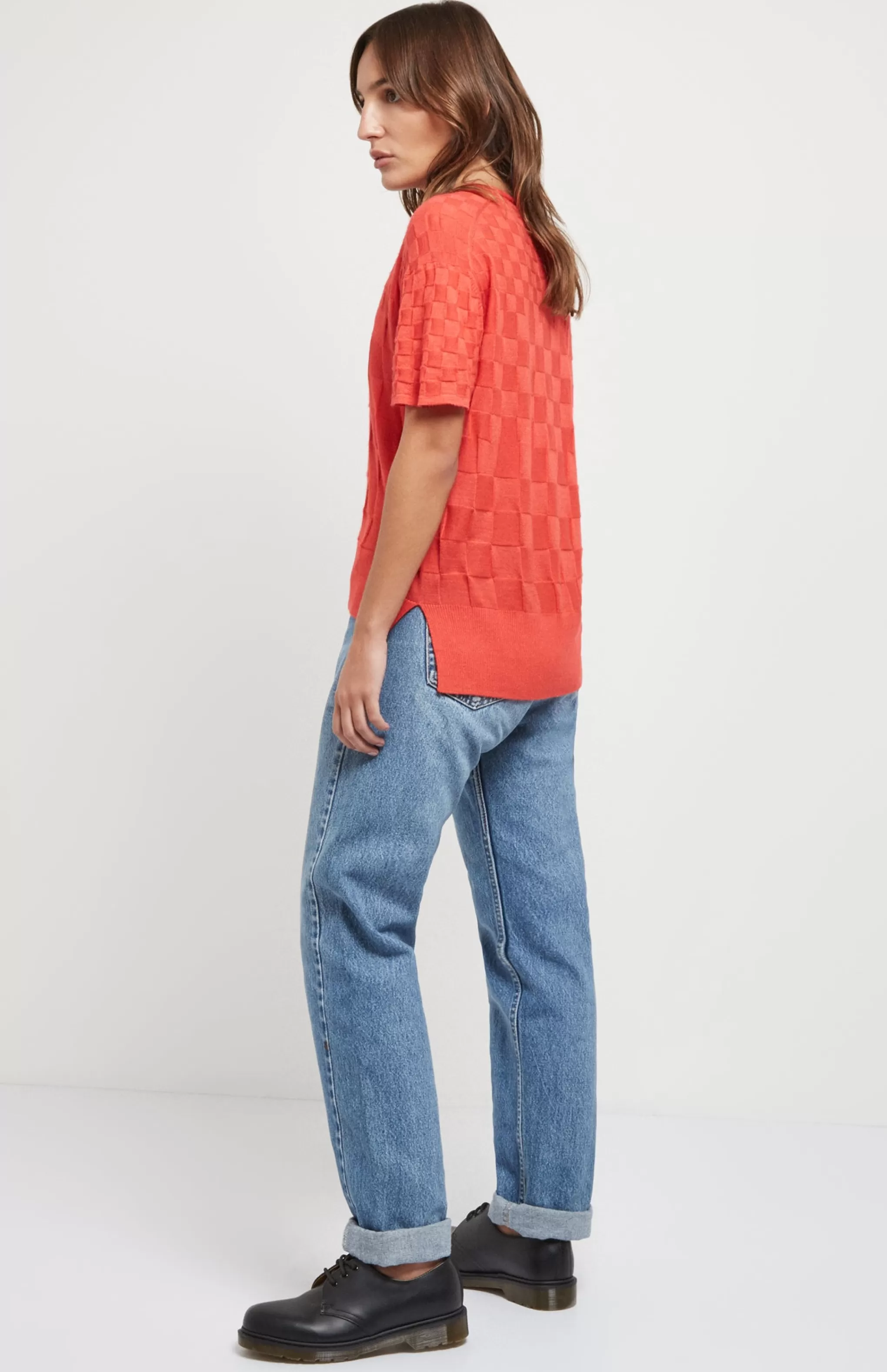 Cheap Lightweight 3D Check Silk Blend T-Shirt in Orange Men/Women Argyle
