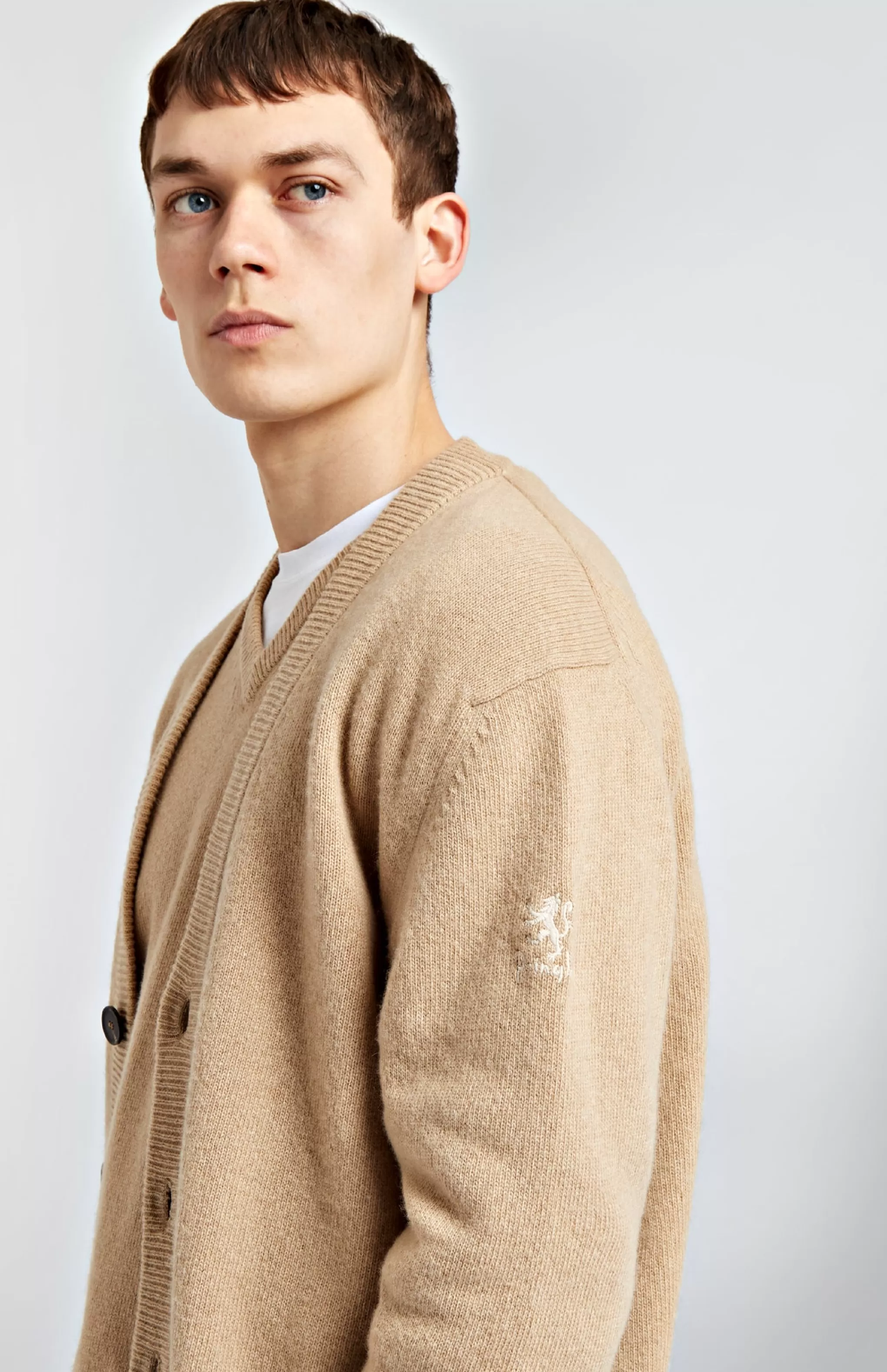Best Men's Archive Lambswool Blend Cardigan In Camel Men V Neck Knits