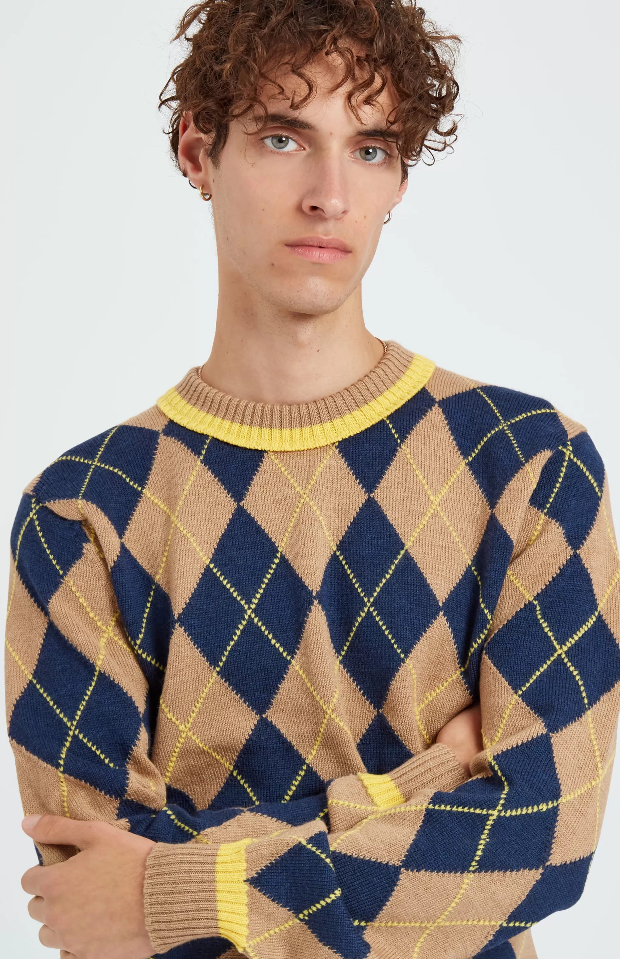 Hot Men's Argyle Merino Jumper In Sand And Bright Yellow Men Argyle