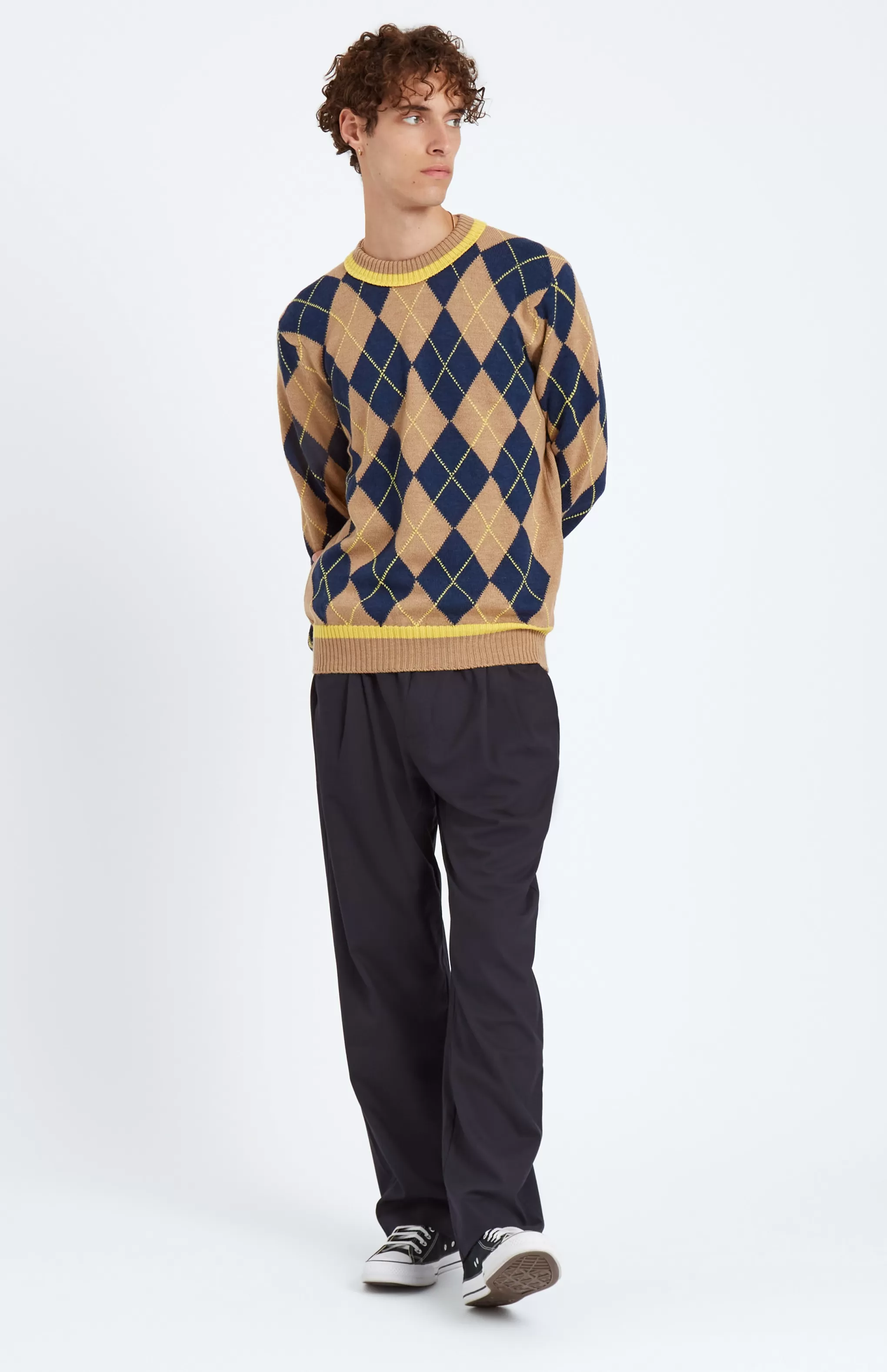 New Men's Argyle Merino Jumper In Sand And Bright Yellow Men Made in Scotland
